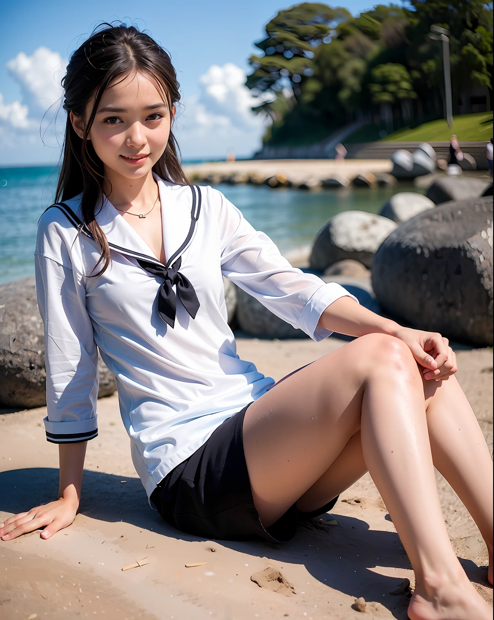 top-quality、softlight、(depth of fields)、超A high resolution、(Photorealsitic:1.4)、Raw photography、(portlate:1.4)、(from the front side)
1日本人の女の子, 独奏, cute little, (full of shyness, A smile:1.1), (Brown-eyed), Detailed beautiful face,High School Uniform、a sailor suit、hi-school girl、a miniskirt、White pants are visible、Whole human body、mare、the beach、Short black hair、Wet body、Spread your legs apart、look from down、There is a village frame pure
