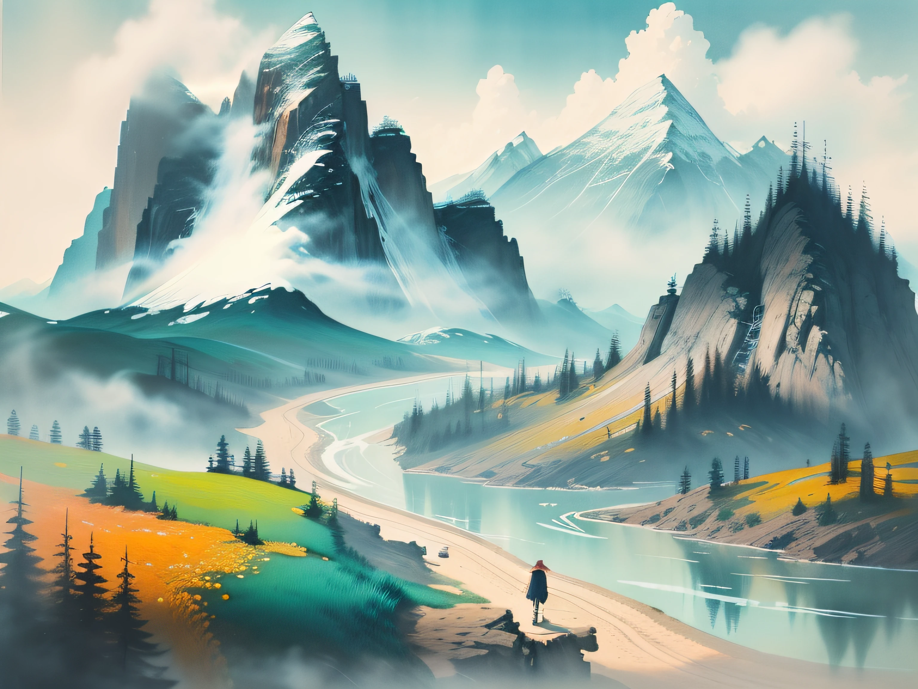 Colorful Nordic Landscape, Fairy Tale, Magic, Realistic illustration, concept art, 2d flat vector, t-shirts design, comic style, charming, watercolor effect, Adobe Illustrator, hand-drawn, zoom out, white background, centered, full body framed in, approaching perfection, dynamic, highly detailed, smooth, illustration