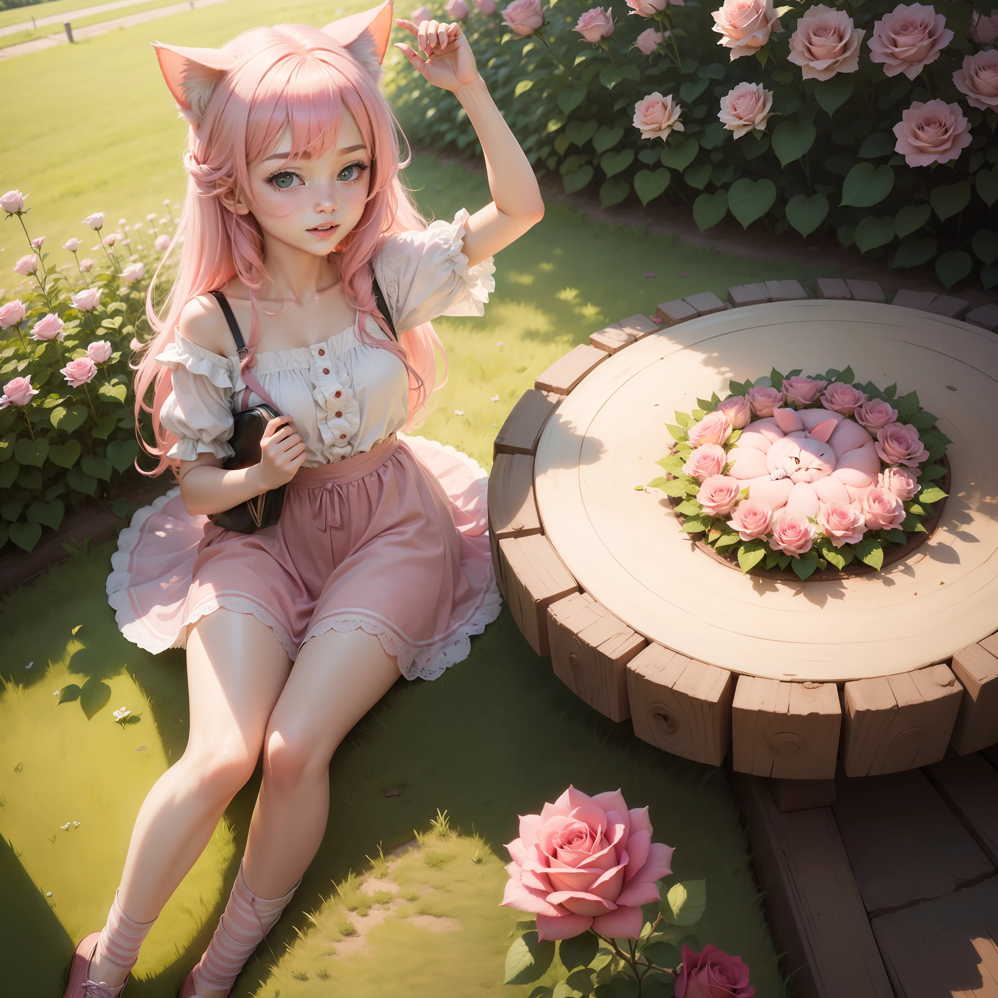 (masterpiece,good quality)1 pink-haired cat girl,cute,Rose field