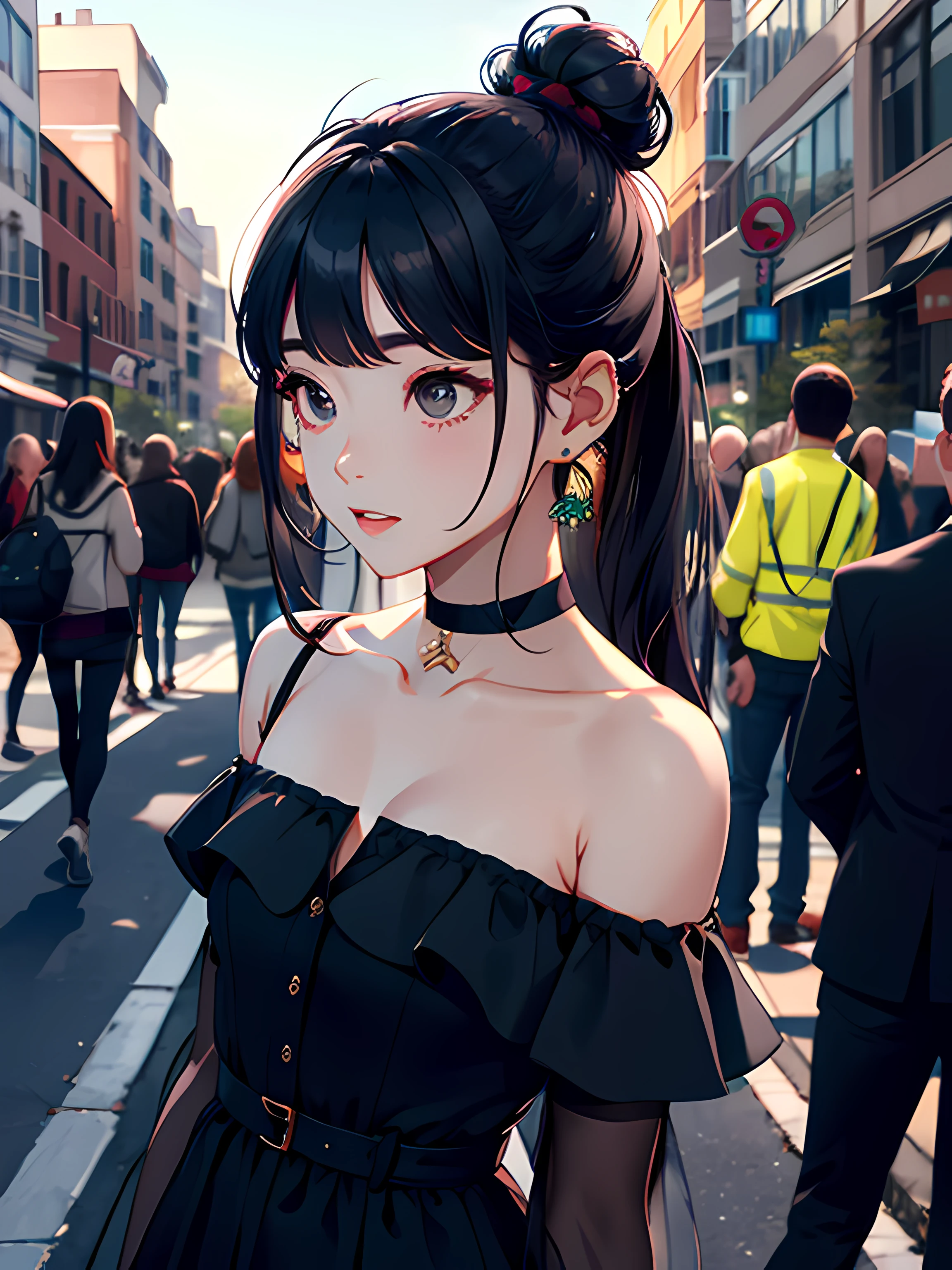 masterpiece, best quality, highres, aamira, long hair, bangs pinned back, topknot, forehead, black dress, off shoulder, outdoors, street, facing to audience
