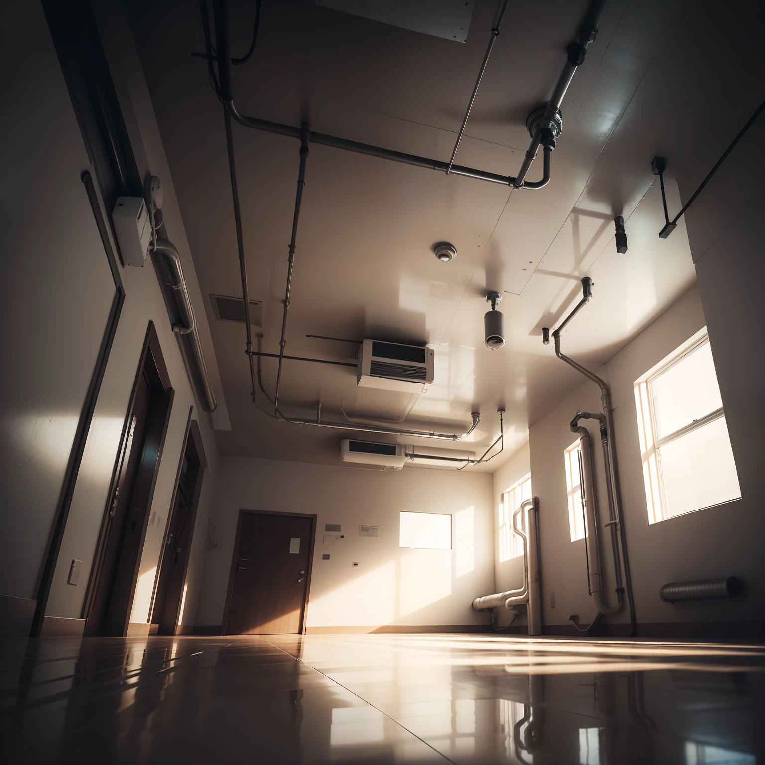 There is a room with hydrossanitaris tubing on the ceiling, ground level view, Ground level cavernous interior view wide shot, ground level camera view, Inside the building, Ground Floor, panorama shot, panning shot, view from ground level, inside the building, Underground hydrosanitary installations