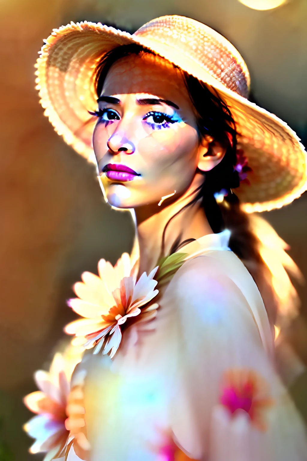(extreme close up:1.5), (face focus:2),(Style of ???? ???:1.5),
((side face:2)),(1girl surrounded by soft_light:1.5), (backlighting:1.8), (lighting),(flowing fabric:1.3), ((Floral_summer_dress:1.5),(Straw_hat:1.3)),
(masterpiece), realistic, HDR, highly detailed, 8k, raw photo,
ambient occlusion, natural, harmonious composition, warm tones, fine art photography,
