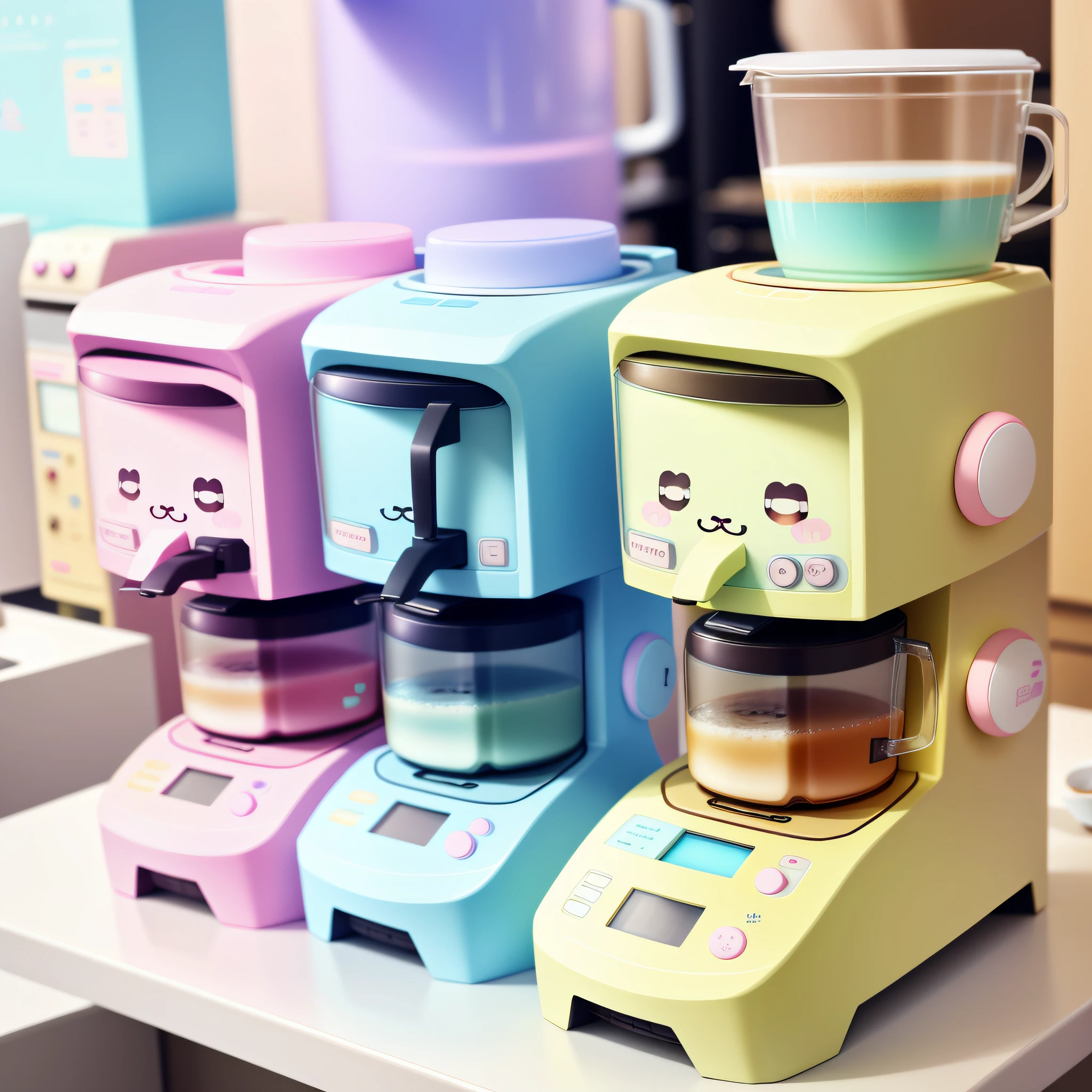 Kawaii Technology，pastel colour，kawaii，cutecolors，sci-fy，（独奏：1.2）
coffee machines ， Mugs ，