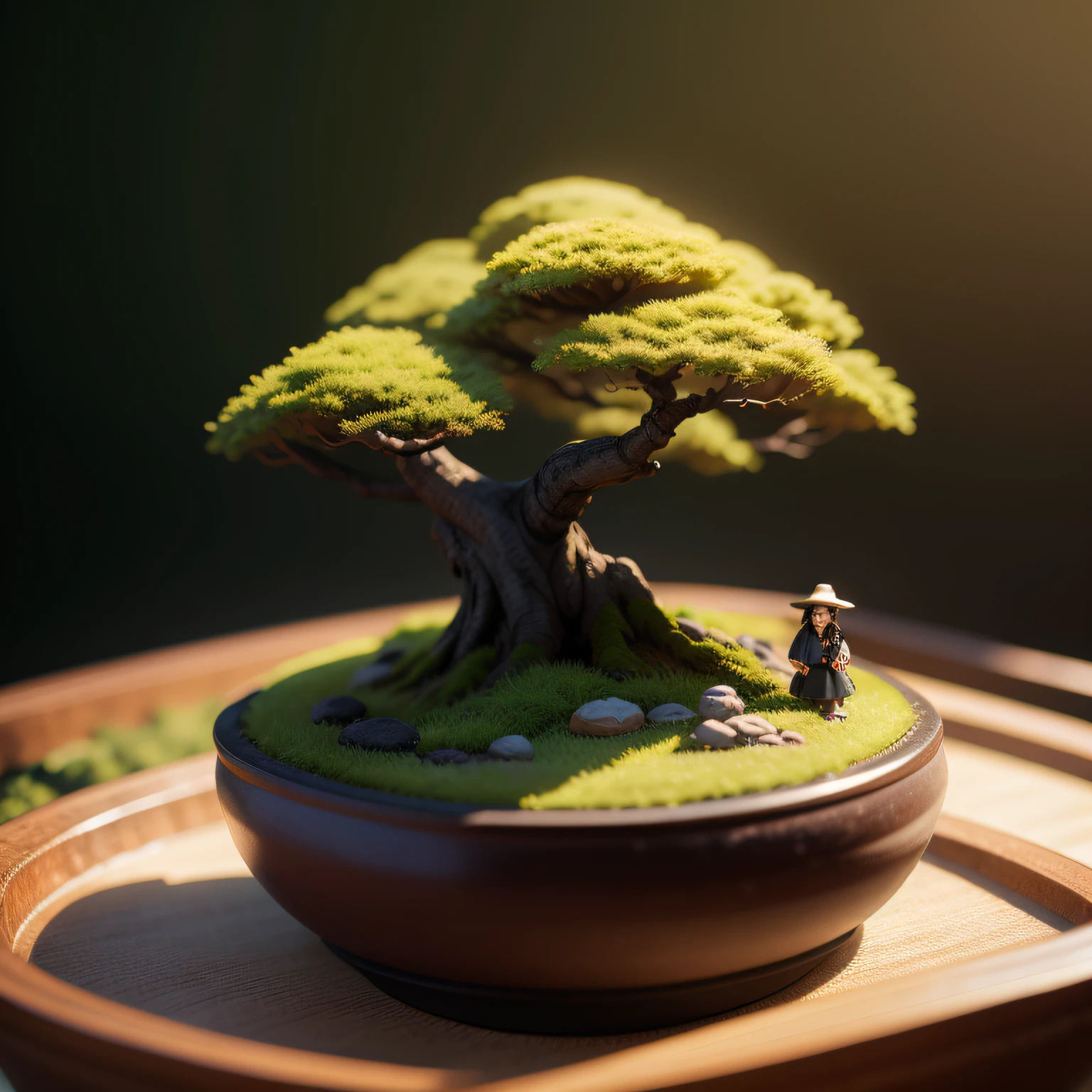 Miniature Bonsai landscape with dolls on top of Realistic, Photography, Studio lighting, shot by Phase One camera, HDR clarity detail, Hyperfocal length, 8K, Ultra Realistic