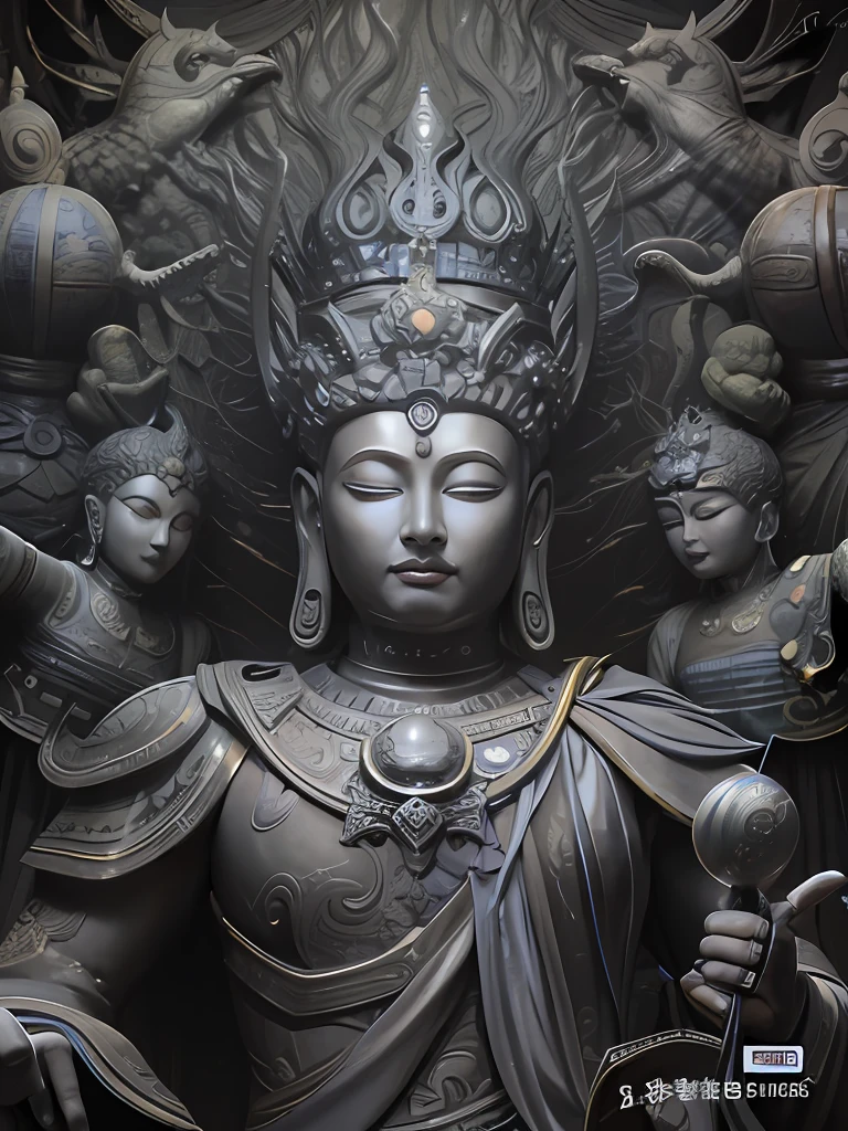 "Immersive black and white photos,It depicts the expression of a goddess,She is surrounded by other statues around her。Highly detailed goddess shots,Crafted by Thomas Virat。Shen Zhecai's complex artwork,Presented in an intricate anime CGI style,The title of the work《Shen Quan》。In Ji Sheng's gorgeous anime illustrations,Russell Dongjun Lu created a charismatic male god,Name《Shen Zhou》。"