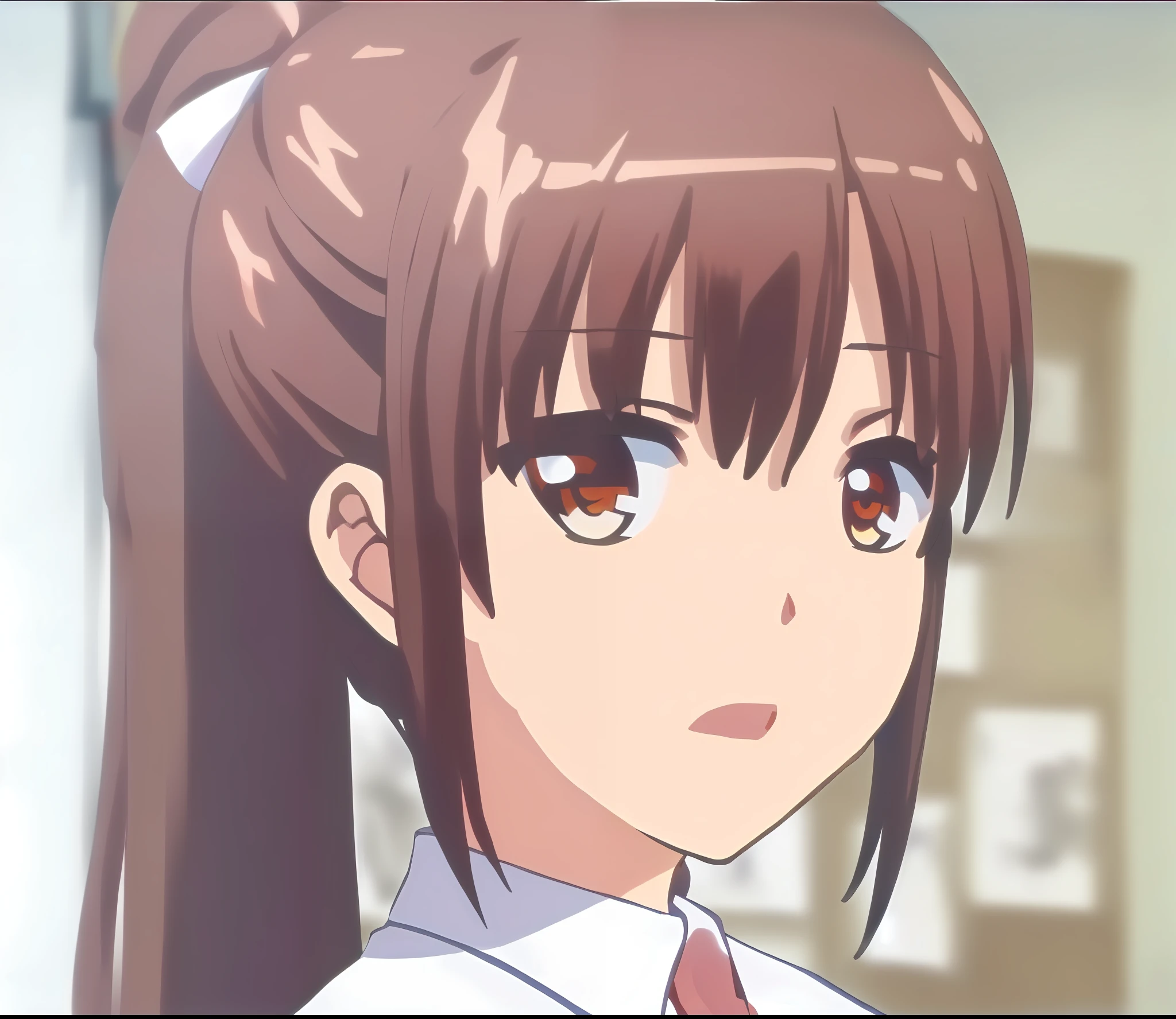 Anime girl with ponytail in school uniform looking at the camera, close up iwakura lain, close up of iwakura lain, iwakura lain, anime moe art style, Beautiful Anime High School Girls, anime visual of a cute girl, screenshot from a 2012s anime, anime girl named lucy, extremely cute anime girl face, anime best girl