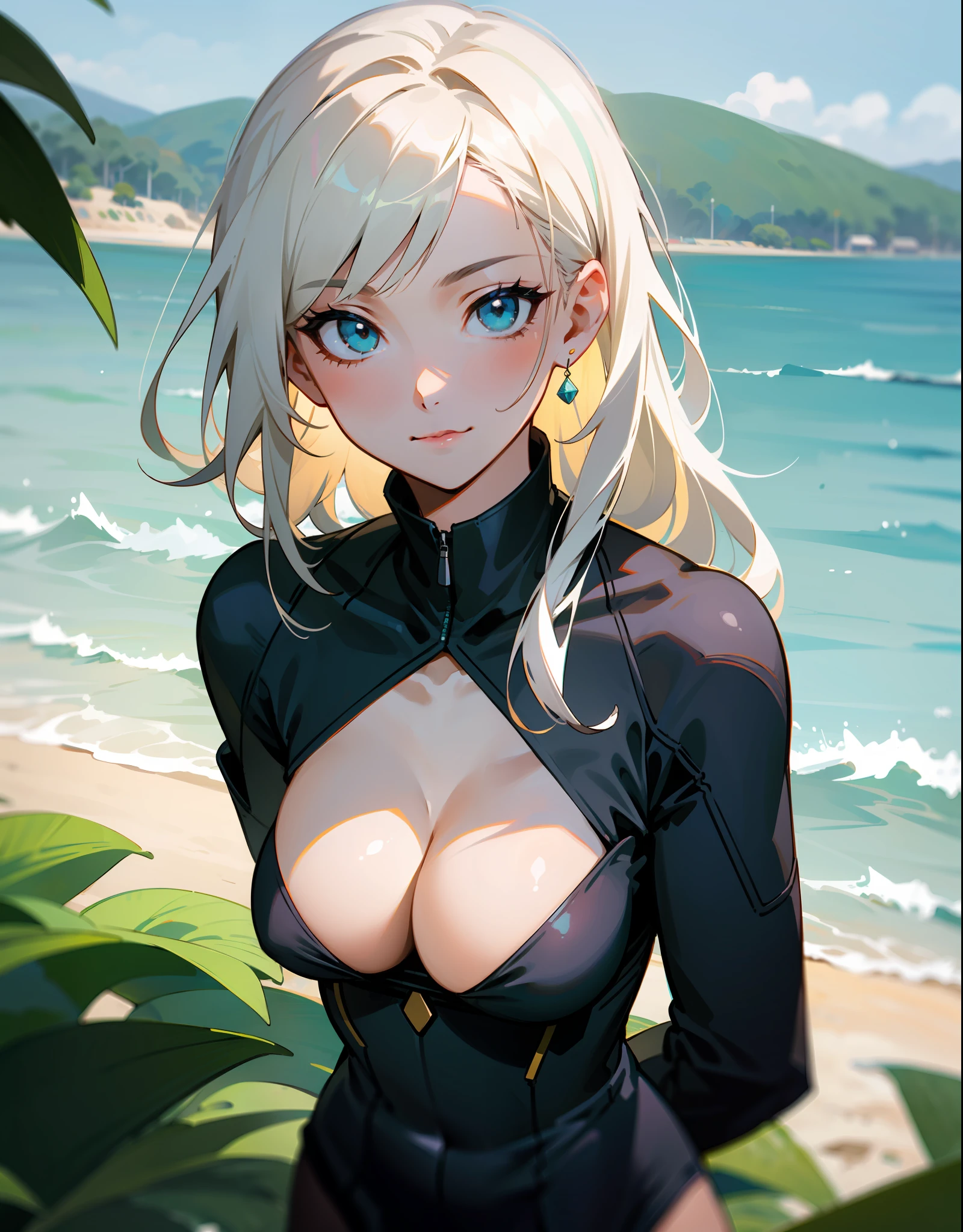 one-girl，Off-the-shoulder attire，cleavage，little breast，looks into camera，sportrait，closeup cleavage，black undersuit，long  white hair，sea beach，Greenery，比基尼