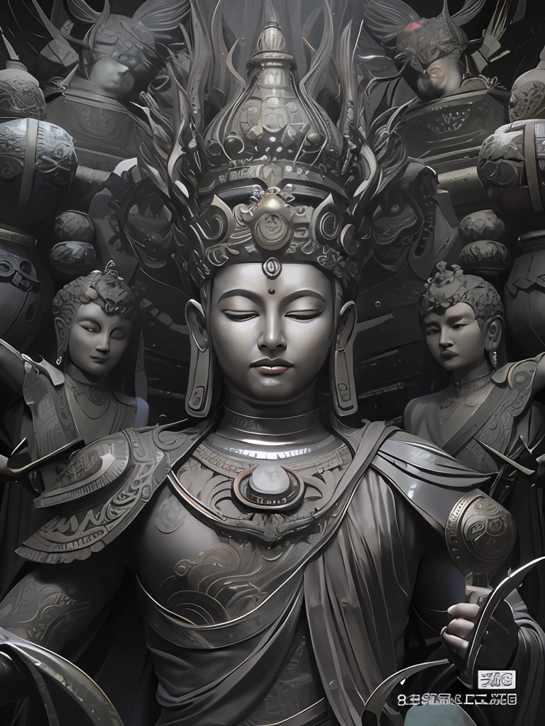 "Immersive black and white photos,It depicts the expression of a goddess,She is surrounded by other statues around her。Highly detailed goddess shots,Crafted by Thomas Virat。Shen Zhecai's complex artwork,Presented in an intricate anime CGI style,The title of the work《Shen Quan》。In Ji Sheng's gorgeous anime illustrations,Russell Dongjun Lu created a charismatic male god,Name《Shen Zhou》。"
