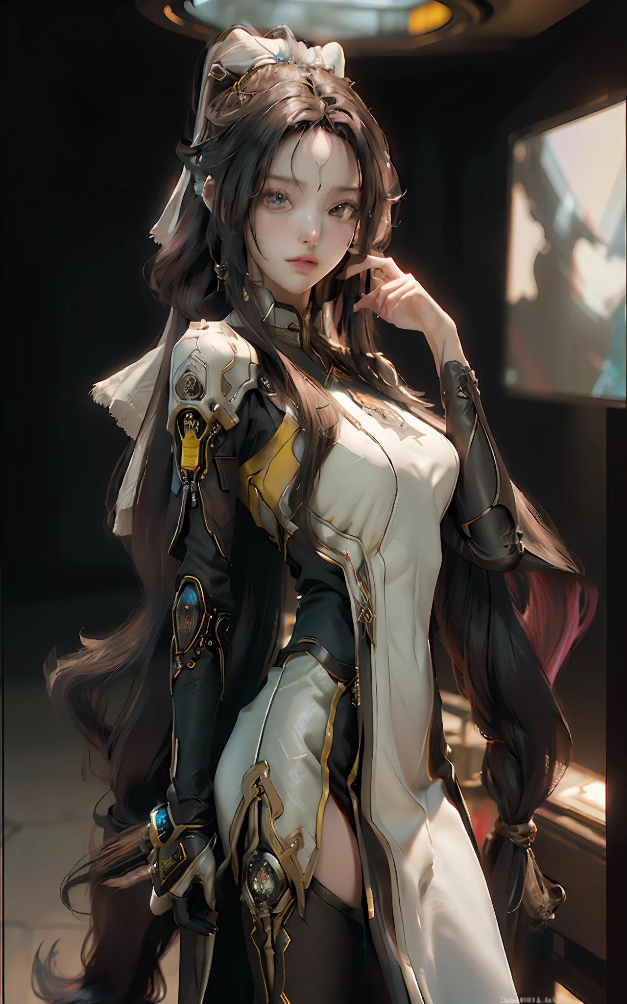 ((top-quality)), ((masterpiece)), (detaileds:1.4), 3D, Beautiful Cyberpunk Woman Image,(Very detailed straight long hair:1.6),Brown hair,nffsw(HighDynamicRange),Ray traching,NVIDIA RTX,Hyper-Resolution,Unreal 5,Sub-surface scattering,PBR Texturing,Postprocess,Anisotropy Filtering,depth of fields,Maximum clarity and sharpness,multi-layer texture,Albedo and specular maps,Surface Shading,Accurate simulation of light-material interactions,perfectly proportions,Octane Rendering,Two-tone lighting,Wide aperture,Low ISO、White Balance、thirds rule、8K Raw、