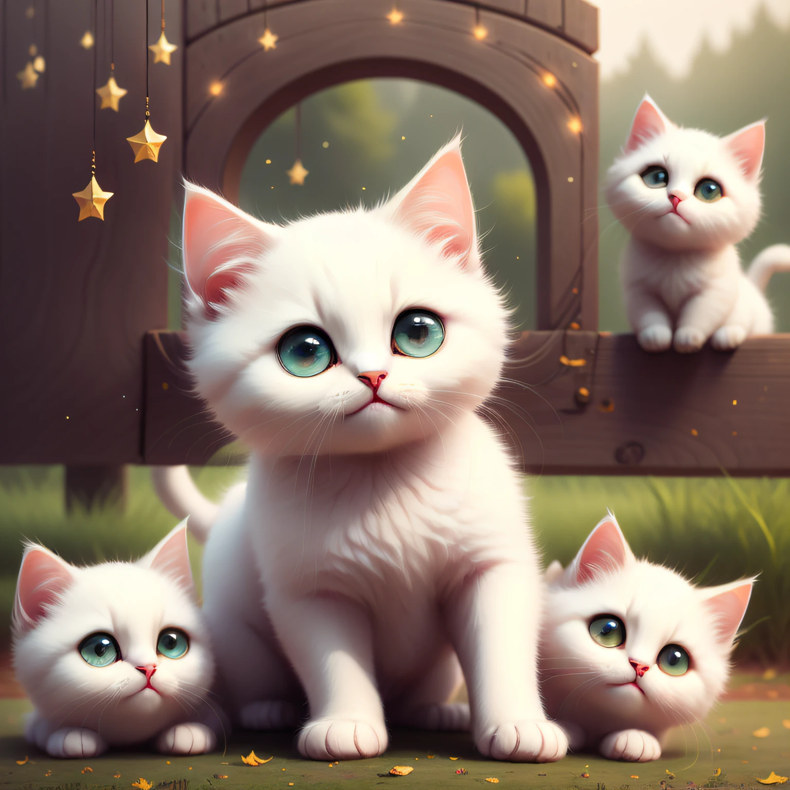 The white kitten smiled happily,Big jewel-like eyes,Cute smile,Young bodies play happily in various landscapes、big laughter、Four seasons of spring, Summer, Autumn, winter
