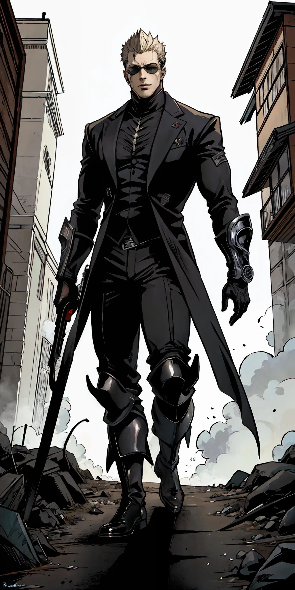 (melhor qualidade), fundo detalhado Umbrela Corps, homem, scientific fiction, Roupa preta estilo Wesker de residente evil 5, Post-apocalypse world