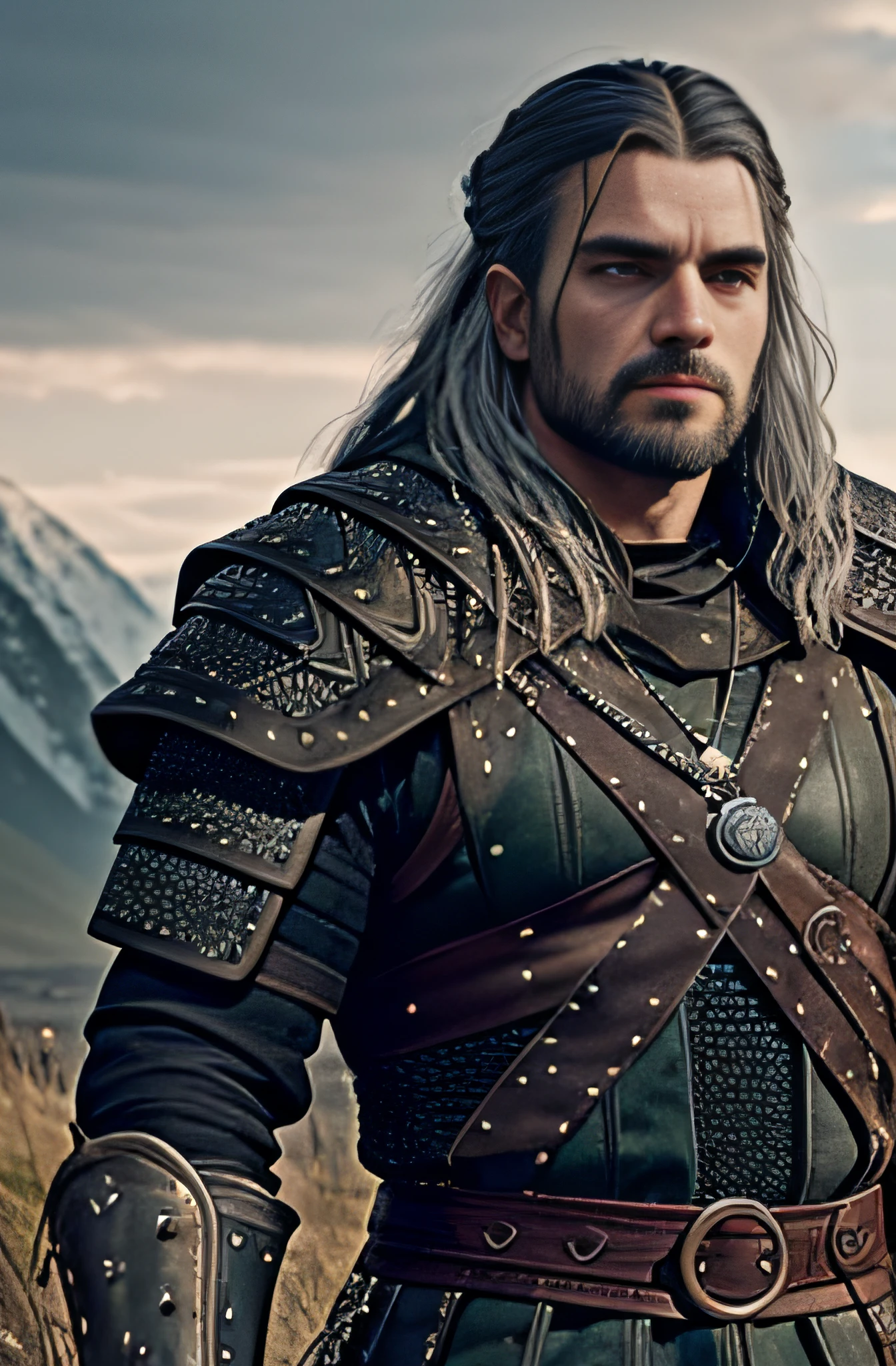A man, a Slav, dark long hair, covered in scars, in chain mail armor, a witcher.