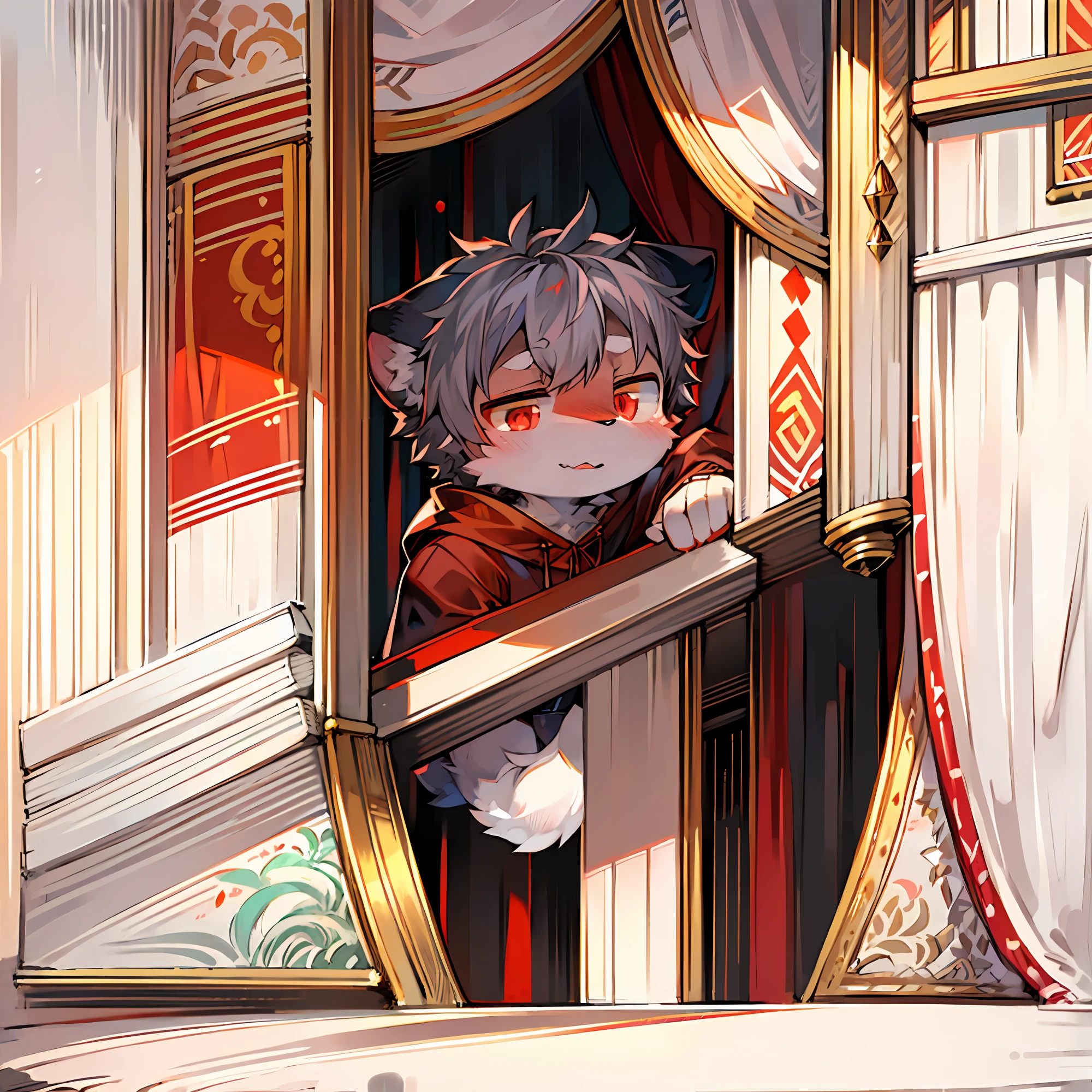 (ambiente dark:0.8),Masterpiece,High quality,abstract res,Digital painting\(artwork of a\), by Dagasi, Yupa,Kiyosan,(anthro,Fluffy fur,Character focus:1.1),anthro male cat,Short hair,Portrait , eyes with brightness, in a panoramic view, Character focus.(detailedbackground:0.7), 独奏, shaggy, Tight panties,the shy,shaggy male,youth, malefocus, anthr,(Full Body Furry, Fluffy tail, White fur, red color eyes, Gray hair:1.2), (long canines、Vampires、cloaks:1.2),(interiors、the night、borgar、:1.1)