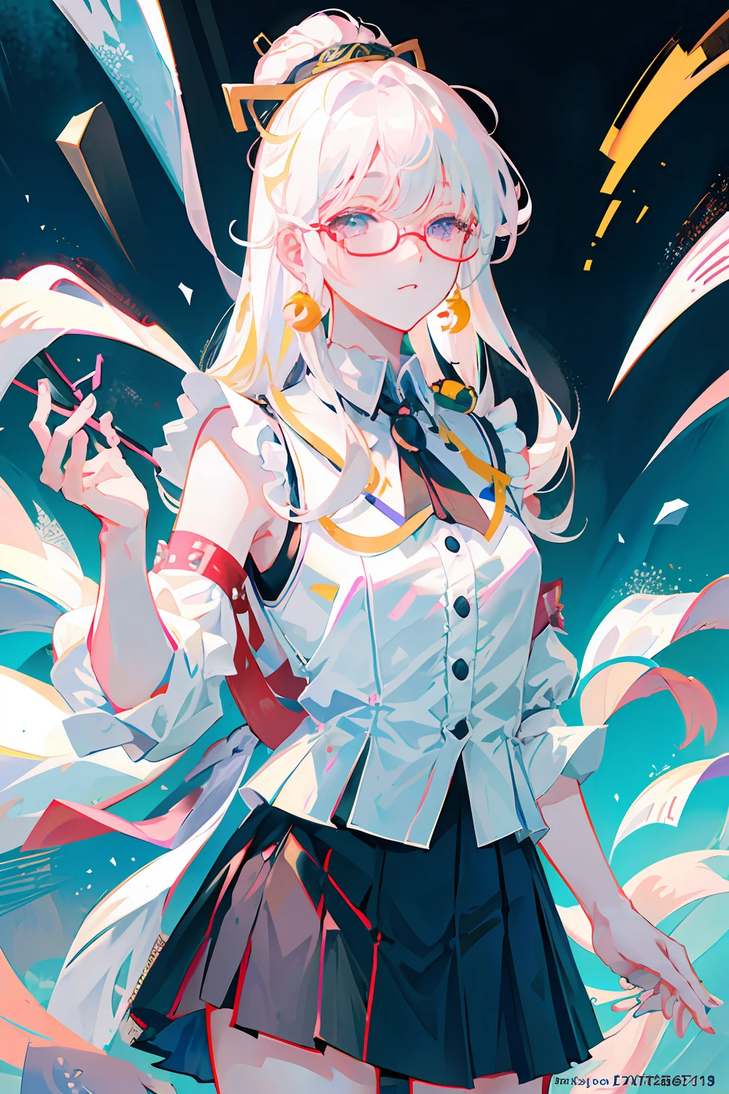 Best quality, 超高分辨率, (Photorealistic:1.4), 1womanl, sleeveless white button shirt, Black skirt, Black choker, ((Glasses)), (Kpop idol), (aegyo sal:1), (Platinum blonde hair Gray hair:1), ((Puffy eyes)), view the viewer, full bodyesbian, Flowers