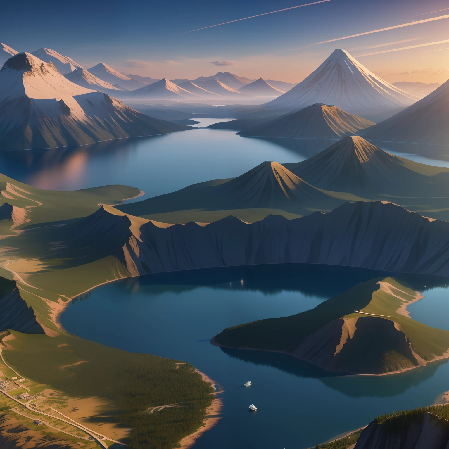 hyper-detailing，A high resolution，hyper-detailing，best qualtiy，astounding，top Quority，the Extremely Detailed CG Unity 8K Wallpapers，cinmatic lighting，cyber punk perssonage，Towering mountains，Clear lake water，Beautiful volcano