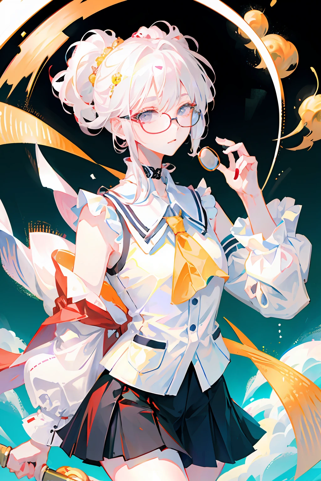 Best quality, 超高分辨率, (Photorealistic:1.4), 1womanl, sleeveless white button shirt, Black skirt, Black choker, ((Glasses)), (Kpop idol), (aegyo sal:1), (Platinum blonde hair Gray hair:1), ((Puffy eyes)), view the viewer, full bodyesbian, Flowers