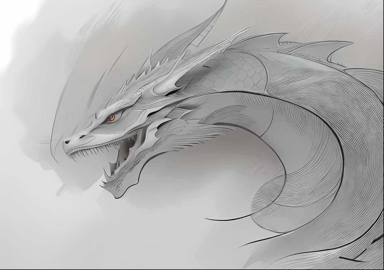 There is a picture of a dragon head on a white background, chinese dragon concept art, Dragon Art, dragon with scars, dragon portrait, Portrait of a cyborg dragon, Portrait of a dragon, sleek dragon head, dragon mawshot art, concept art design illustration, soft delicate draconic features, dragonlike, Dragon, wyvern, a painting of white silver, detailed dragon