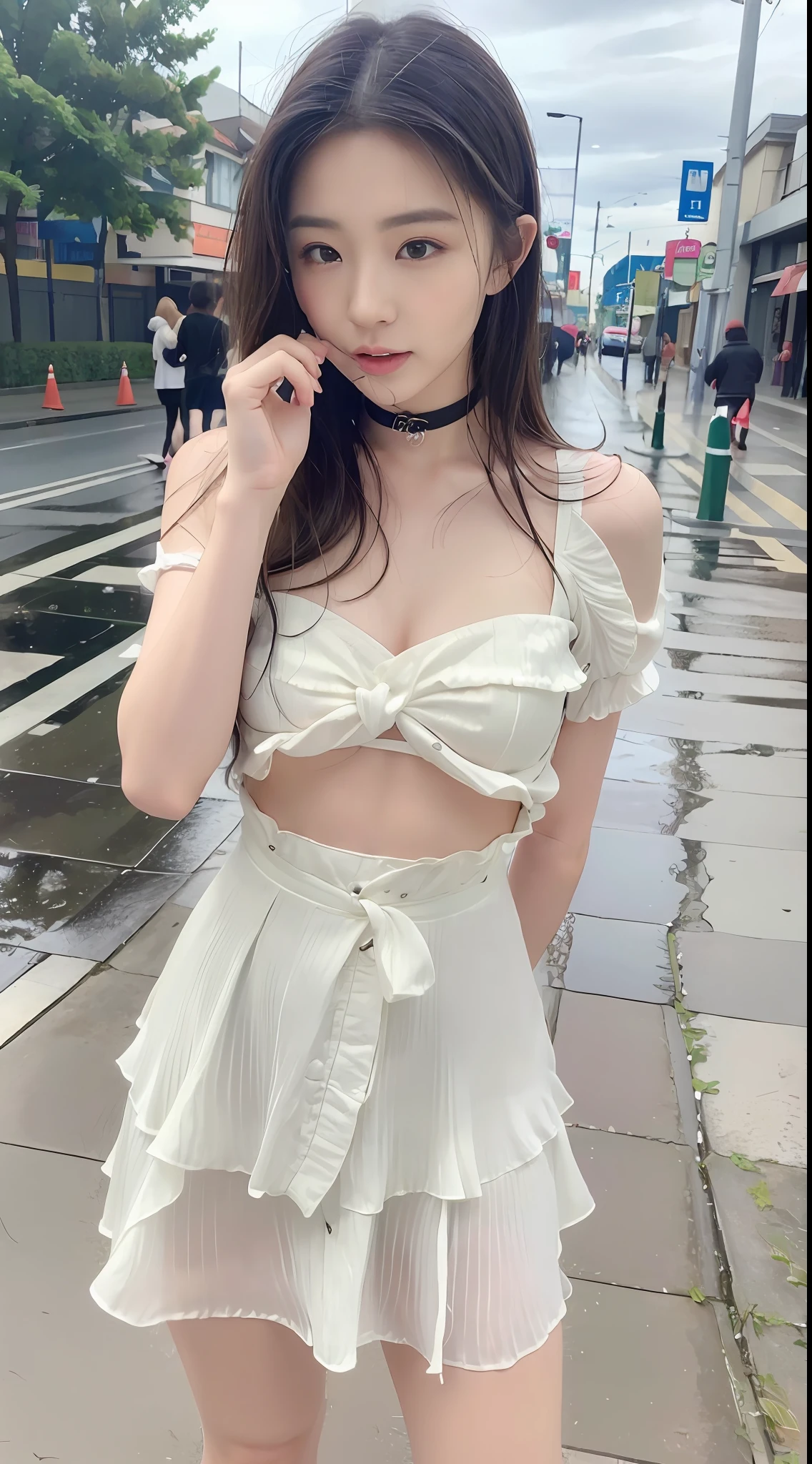 ((best qualtiy, 8k, tmasterpiece:1.3)), Focus:1.2, perfect figure beautiful woman:1.4, Cocked buttocks:1.2, ((Cut hair in layers, flatchest:1.2)), , (Rain, Street:1.3), Black bandeau dress:1.1, Highly detailed facial and skin texture, A detailed eye, 二重まぶた,Whiten skin,long whitr hair,(Keep one's mouth shut:1.3),full bodyesbian