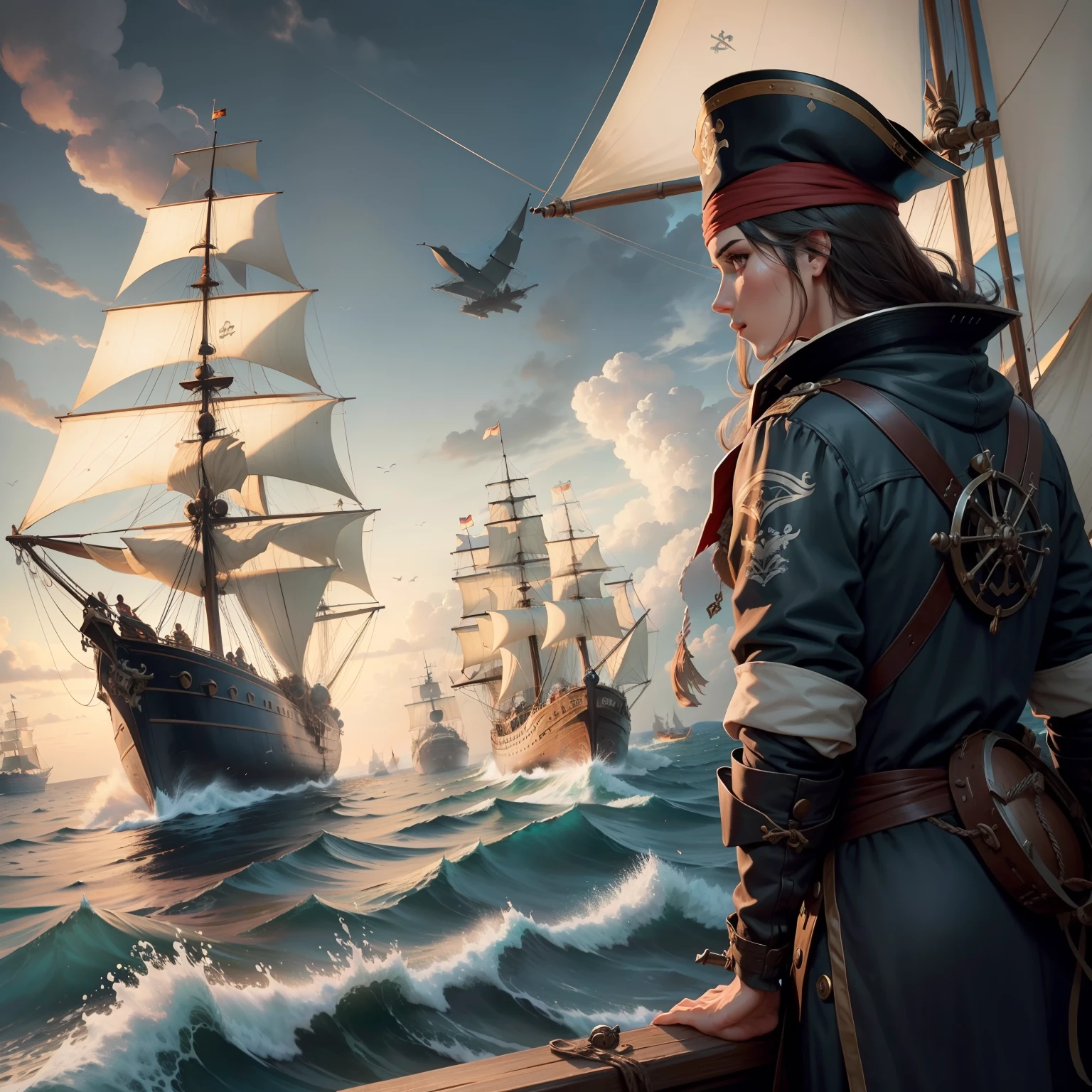 diversos navios piratas no horizonte . Sea battle. Naval battles in the form of engravings of fables. Image seen from above brunette woman on her back with pirate hat