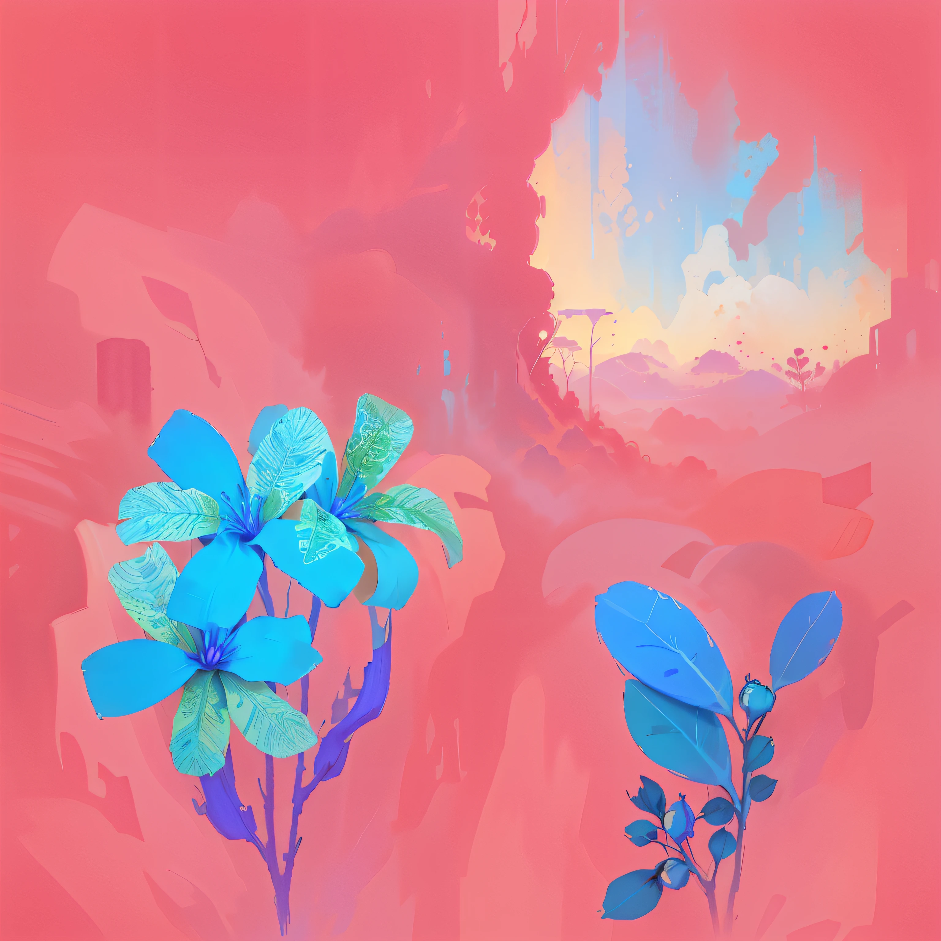 wow gouache painting, foliage texture, bright colors, bright blue and turquoise, thick opaque paint, thick textures, symmetry, fine composition, stylized cartoon herbal elements, in solarpunkai green-powered style, artstyle, zaum, elysiumscape, scenery