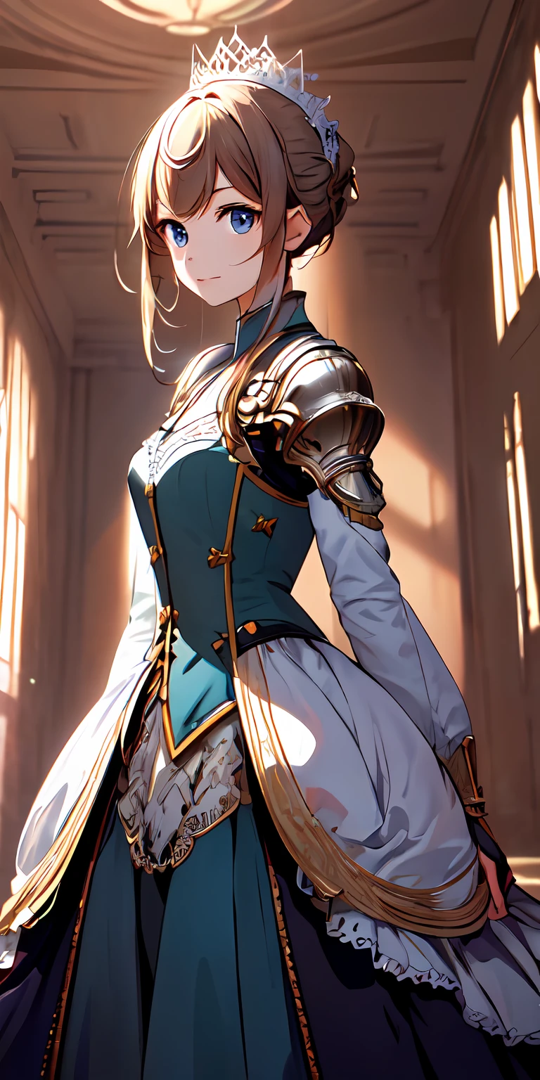 inside castle， A high resolution, (巨作:1.4), A highly detailed, 1girll, By the back, space,are standing, aristocratic clothes, Sharp focus, (Cinematic lighting), (1girll), Slight smile，The 5 fingers of each hand are super detailed，top-quality，Extremely delicate，offcial art，posing on a，