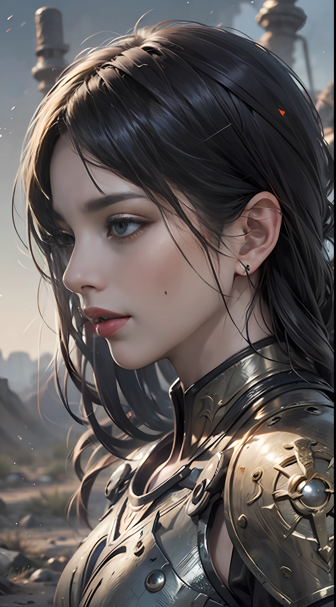 8k wallpaper，ultra - detailed，rich details​，ultraclear，8K,，Best quality at best，best qualtiy，mistic，1 female warrior，Black armor，Ancient Chinese general armor，（（（Sword in hand））），facing to audience，(((A withered battlefield，废墟，run-down,Wasteland，barren，A desert)))，Sadness outside，battlefiled，ancient battle field，，（（the night，Dimly lit，Dark 1.3）），Bust composition