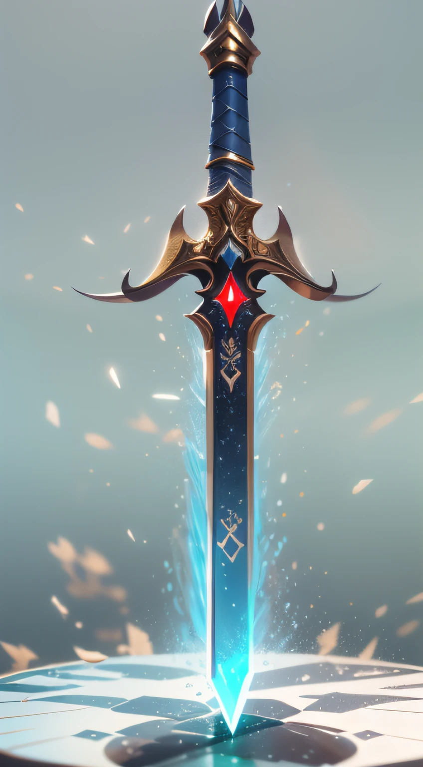 Excalibur，（（（The body of the sword is wrapped with red and blue particle effects：1.3））），Delicate sword hilt，Sharp sword body，（The sword body is symmetrically ornamented：1.3），The tip of the dangling sword is downward，（Excalibur's entire body is centered：1.3），Mid-range close-up，（Overall silhouette：1.3）Fantastic ancient Chinese landscape，Ultra photo realsisim，super-fine，8K,Premium wallpapers，Highest image quality，3D,C4D,Master masterpieces，octaneratingrendering