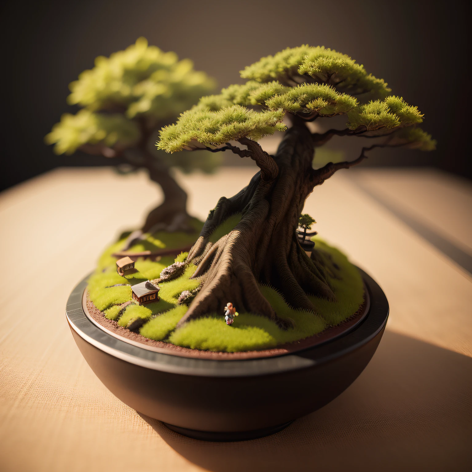 Miniature Bonsai landscape with dolls on top of Realistic, Photography, Studio lighting, shot by Phase One camera, HDR clarity detail, Hyperfocal length, 8K, Ultra Realistic