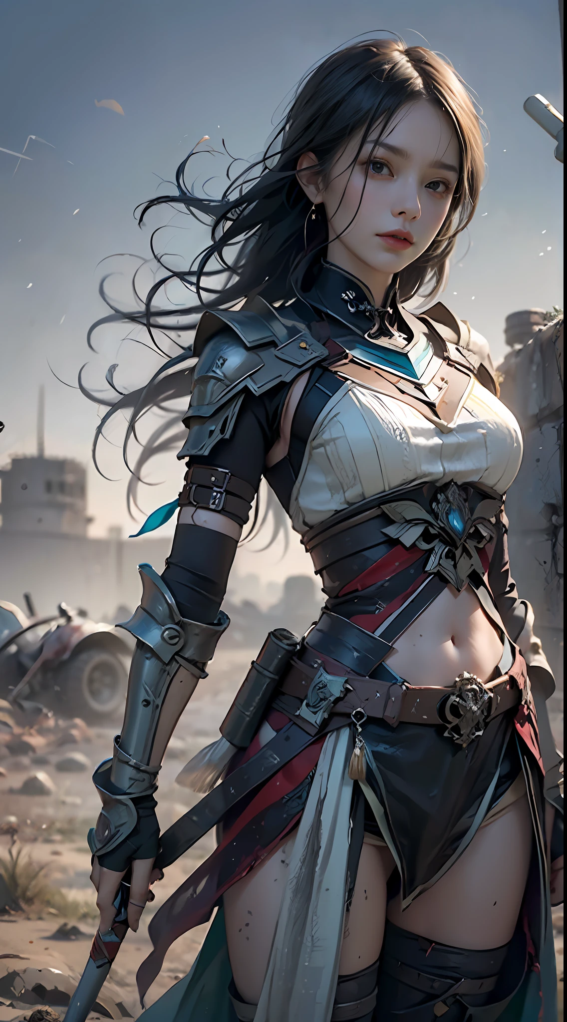 8k wallpaper，ultra - detailed，rich details​，ultraclear，8K,，Best quality at best，best qualtiy，mistic，1 female warrior，Black armor，Ancient Chinese general armor，（（（Sword in hand））），facing to audience，(((A withered battlefield，废墟，run-down,Wasteland，barren，A desert)))，Sadness outside，battlefiled，ancient battle field，，（（the night，Dimly lit，Dark 1.3）），Bust composition