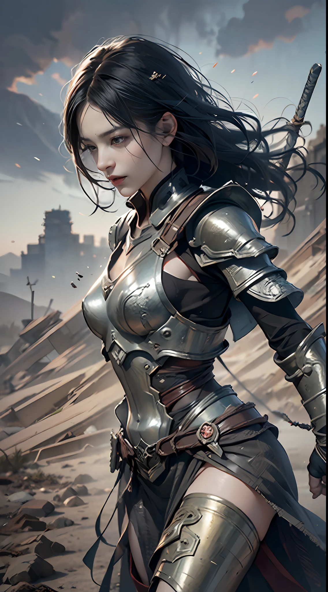 8k wallpaper,ultra - detailed,rich details,ultraclear,8K,,Best quality at best,best qualtiy,mistic,1 female warrior,Black armor,Ancient Chinese general armor,(((Sword in hand))),facing to audience,(((A withered battlefield,废墟,run-down,Wasteland,barren,A desert))),Sadness outside,battlefiled,ancient battle field,,((the night,Dimly lit,Dark 1.3)),Bust composition