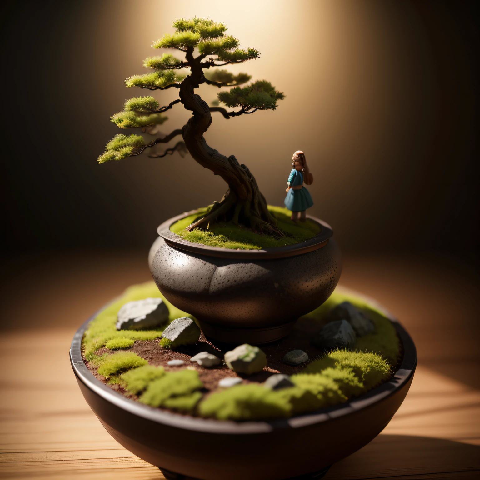 Miniature Bonsai landscape with dolls on top of Realistic, Photography, Studio lighting, shot by Phase One camera, HDR clarity detail, Hyperfocal length, 8K, Ultra Realistic