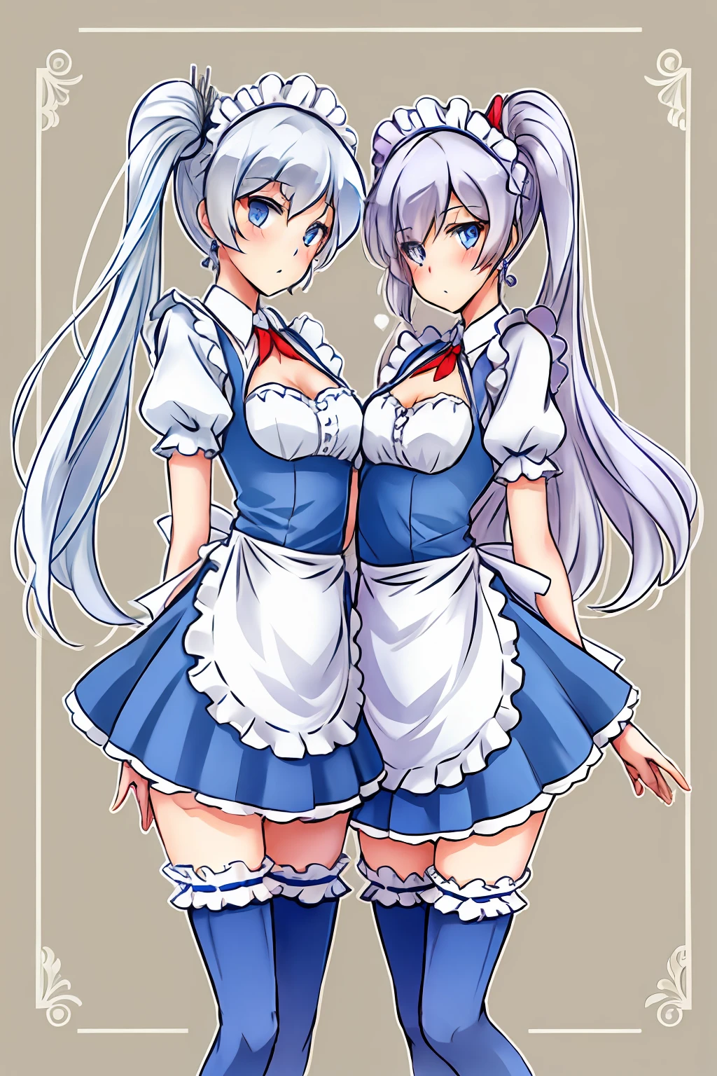 2girls, identical_twins, clones, apron, blue_eyes, blush, long side ponytail, breasts, dress, earrings, enmaided, jewelry, long_hair, looking_at_viewer, maid, maid_apron, maid_headdress, medium_breasts, scar, scar_across_eye, scar_on_face, side_ponytail, duo, thighhighs, tiara, very_long_hair, weiss_schnee, white_hair