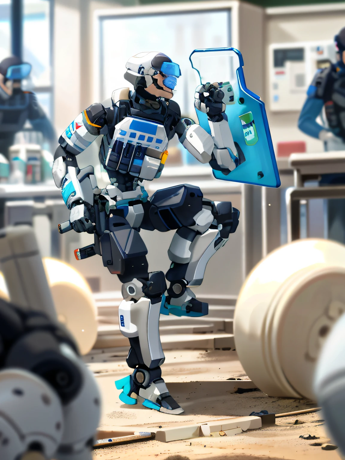 Humanoid mech,police officers,Dust,Lab Room,Gas tanks,blasts