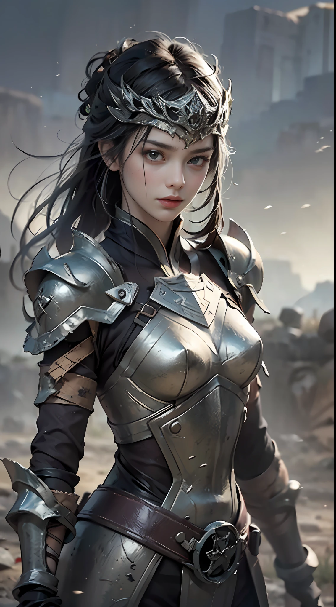 8k wallpaper,ultra - detailed,rich details,ultraclear,8K,,Best quality at best,best qualtiy,mistic,1 female warrior,Black armor,Ancient Chinese general armor,(((Sword in hand))),facing to audience,(((A withered battlefield,废墟,run-down,Wasteland,barren,A desert))),Sadness outside,battlefiled,ancient battle field,,((the night,Dimly lit,Dark 1.3)),Bust composition