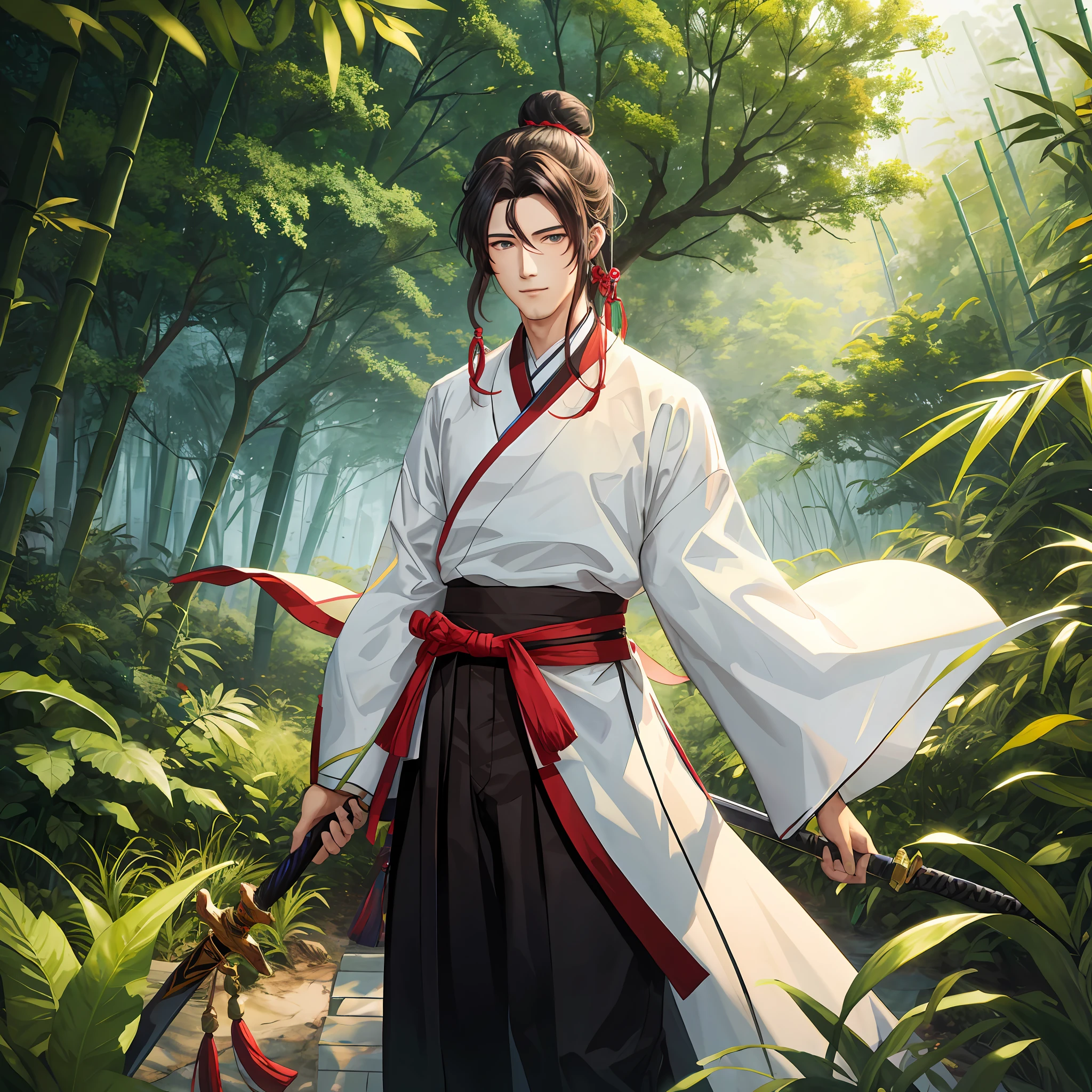 male people,brunette color hair,long whitr hair,hair-bun,ribbon on blue,All-black Hanfu,Rough face,ssmile,sword,bamboo forrest,nigth,Extremely high level of detail,8K