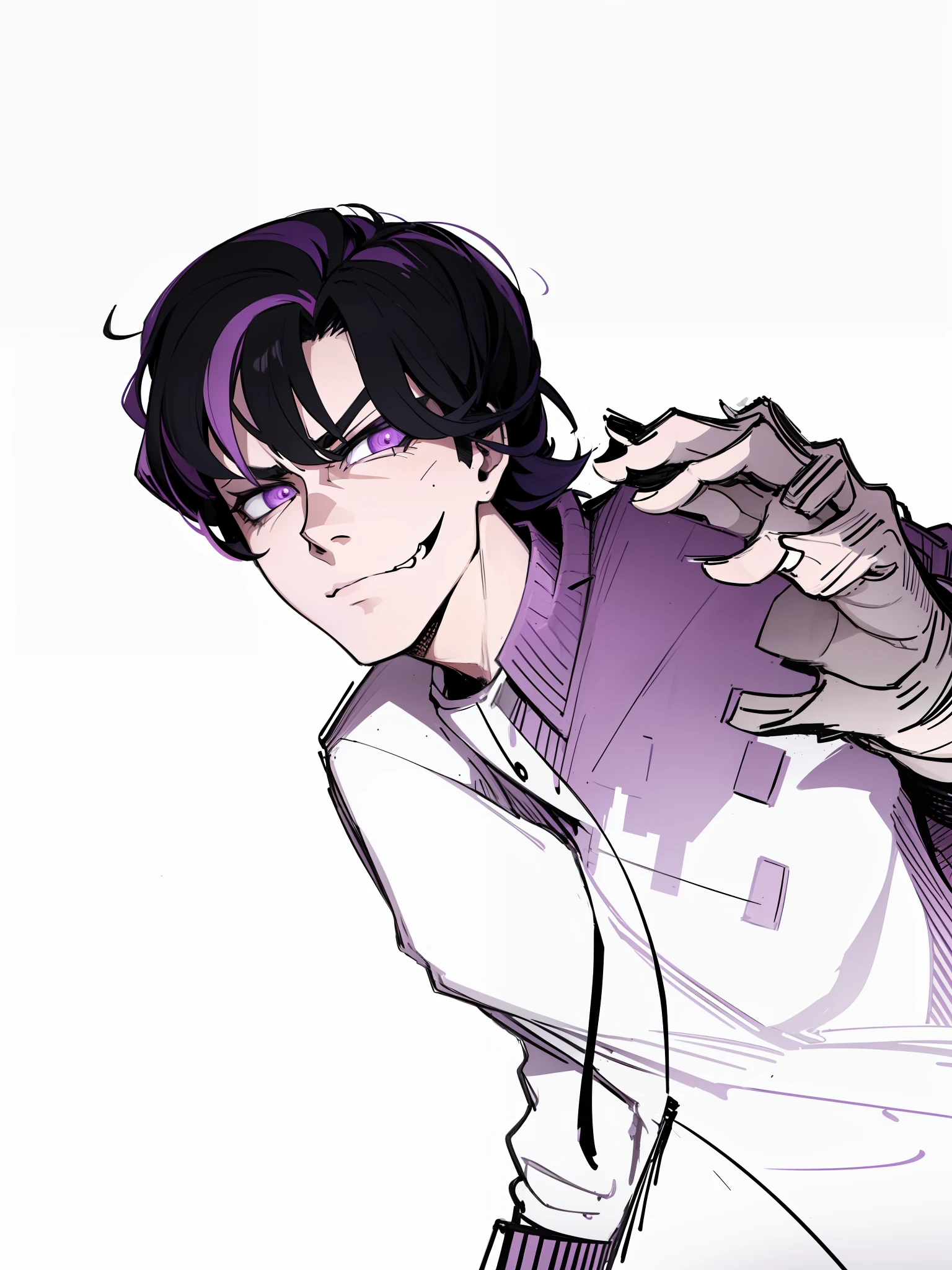 badass, antagonist, multicolored, dark hair, purple hair, pink pupil, 1boy, smug, smile, crazy, purple spellcast, suit