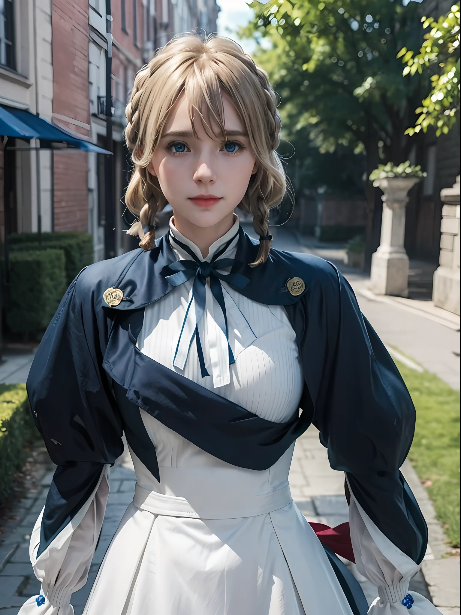 violet_evergarden, blue_eyes, blonde hair, blue eyes, hair ribbon, ribbon, short hair, braids, hair braids, red ribbon, mature female, blue jacket, brown gloves, cropped jacket, dress, gloves, green brooch, jacket, juliet sleeves, long sleeves, puffy sleeves, white dress blonde hair, beautifull smile, full body, breast focus, (realism:1.2), (masterpiece:1.2), (best quality), (ultra detailed), (8k, intricate), (85mm), light particles, lighting, (detailed eyes:1.2), (detailed face:1.2), (highly detailed:1.2), (gradients), colorful, daylight,