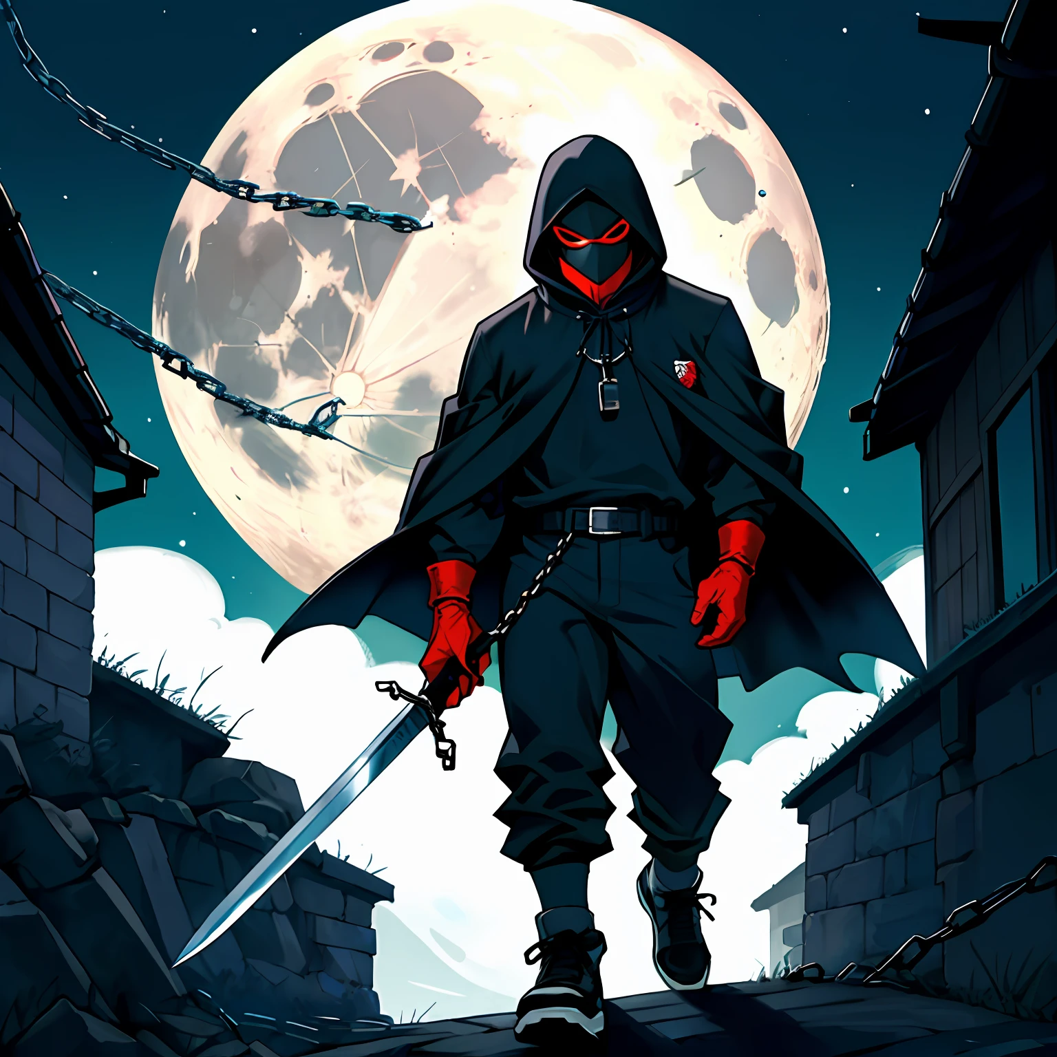 a Strong male，Thief costume，Delicate muscle lines，(Bulge: 1.8)，There is the moon behind it，grey shirt，(Dark blue socks: 2.0)，standing on your feet，Dark red robe，Cover half of your face，Hood，Mask, grey pants，(Wear a lot of chains: 1.8)，expressiveless，Red sword，Short gray hair，Look ahead，Perfect eyes，perfect works，Correct anatomy, light particules，Gray buzz cut，big eyes