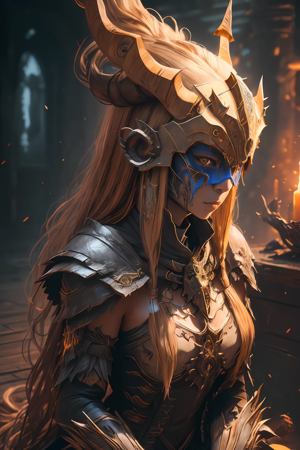 sh4g0d,
girl shaman, wearing mask made of wood, portrait, kneeling, dark blonde straight long hair, great details and colour