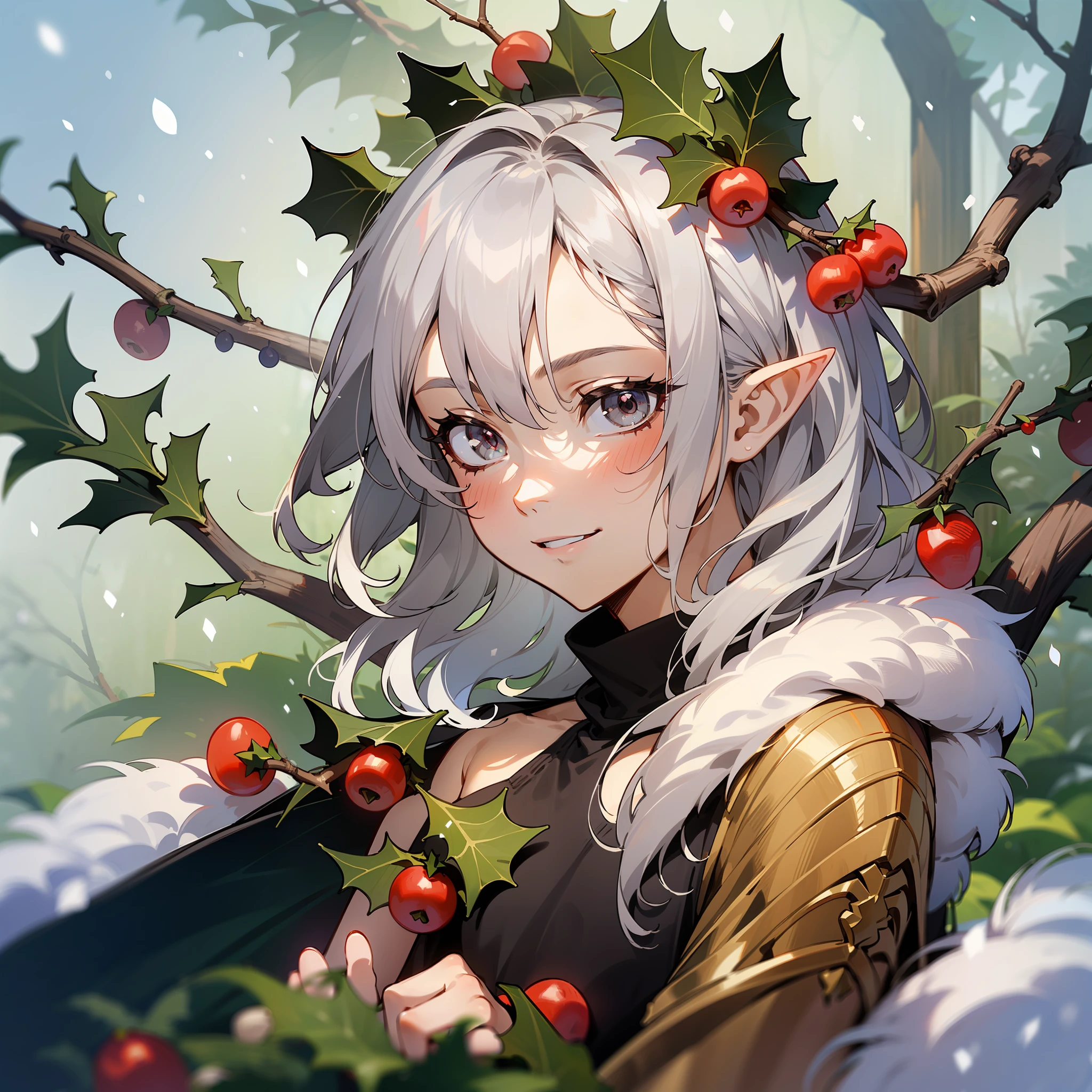 one young man, twink, (((male))), (((man))), (((1guy))), (((single))), (((solo))), (((grey hair))), (((silver eyes))), (medium short hair), (chin-length hair), wavy hair, slim body, ((flat chest)), (((fantasy style))), (((wearing fir branches in his hair))), fir branches, pine branches, (((holly leaves in his hair))), (((red berries in his hair))), red berries in hair, flowercrown, ((pointy ears)), (((silver colored eyes))), smooth skin, bare legs, revealing clothes, (((wearing twigs in his hair))), holly leaves, (mistletoes), ((nuts)), gold details, winter, (smiling), snow in the background, snowing, sunny weather, ((alone)), inviting pose, flirty expression, seductive