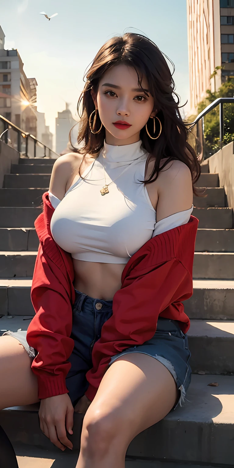 ​masterpiece、Top image quality、1人の女性、Beautiful woman sitting on the stairs、Legs wide open、Hands between the legs、off-the-shoulder sweater, (shortpants:1.2)、The navel is visible、Detailed facial expressions、Detailed eye、Detailed nose、((Detailed red lips))、(((爆乳)))、Female proportions considered everywhere、Skyscraper District、Sunset between buildings、Large circular earrings、beauty legs