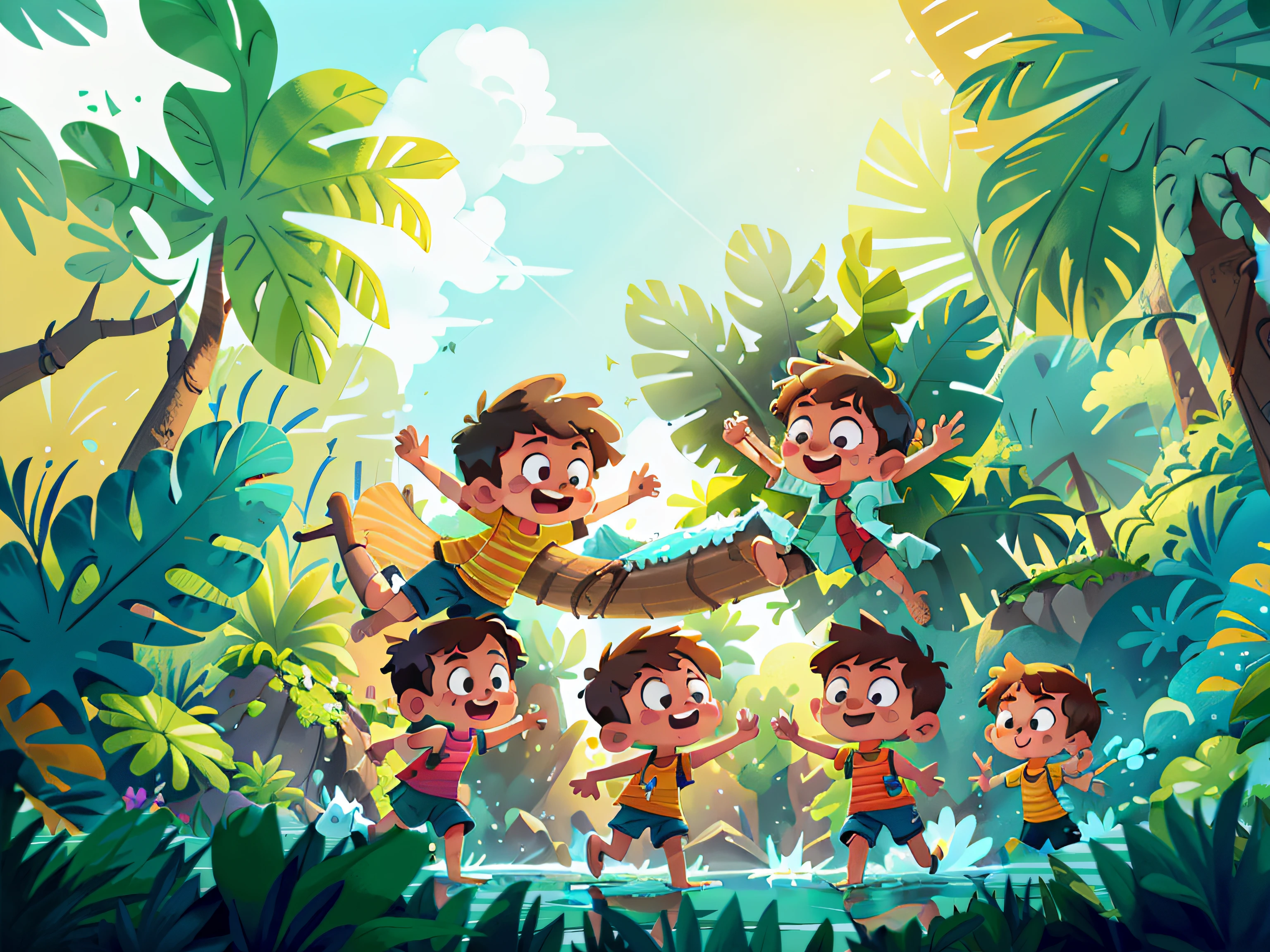 Poster design, (SFW), four children boys jump into waterfall beachwear, fine facial features, summer, happy, water fight, background is interspersed in waterfall, plants, perfect quality, clear focus, colorful, perfect face, intricate details, ultra low viewing angle, wide angle lens, childrens illustration, children illustration, cute artwork, kids book illustration, inspired by Anton Fadeev, illutstration, artistic illustration, promotional art, having good time, summertim
