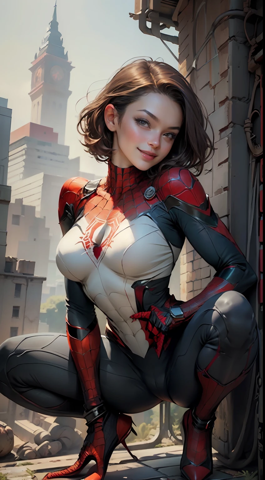 Masterpiece, HD, detailed details, beautiful woman detailed defined body using Spider-Man roleplay, big breasts, smile, delicate facial features, perfect face, fair skin, short hair, squatting on the roof of a tall building