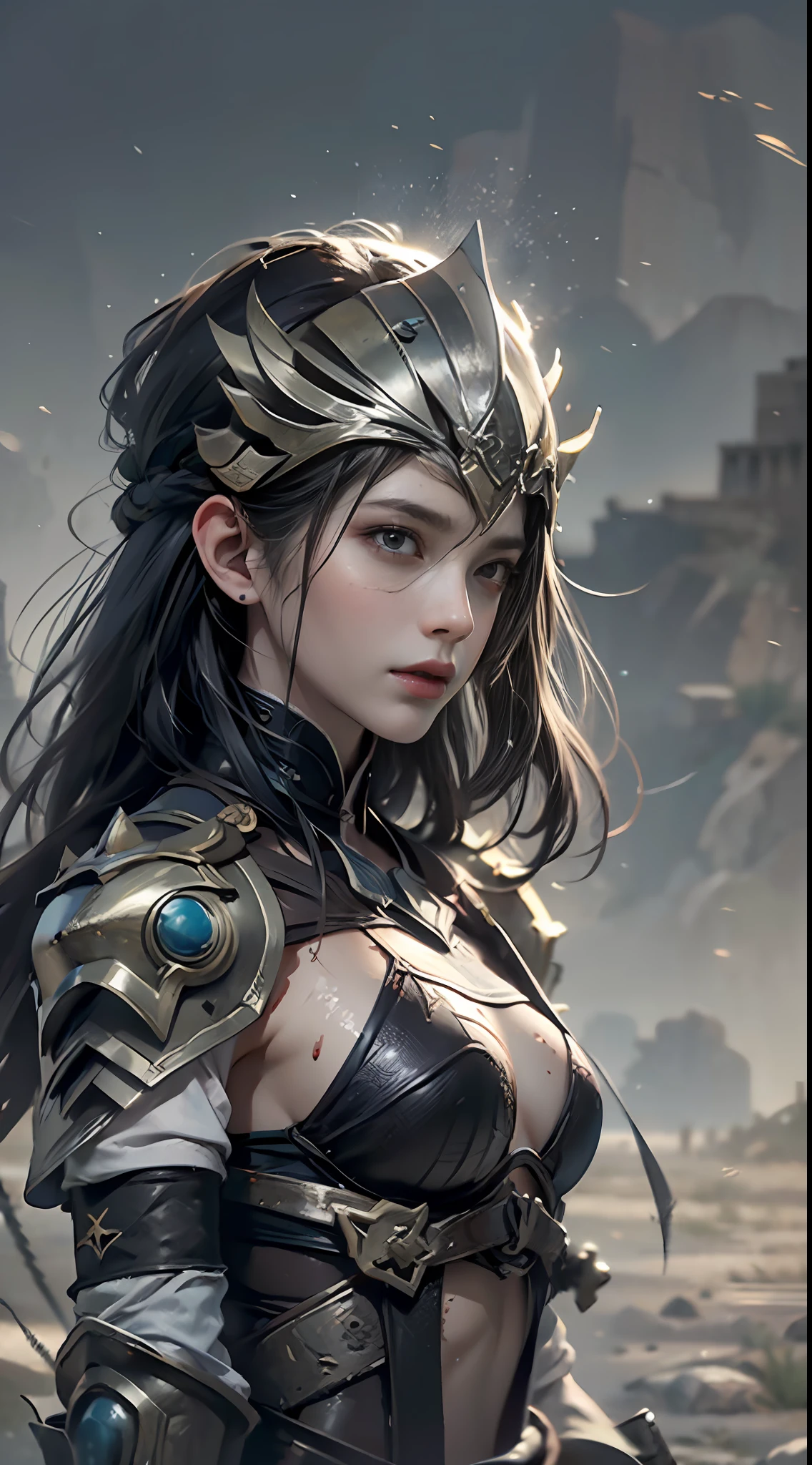 8k wallpaper,ultra - detailed,rich details,ultraclear,8K,,Best quality at best,best qualtiy,mistic,1 female warrior,Black armor,Ancient Chinese general armor,(((Sword in hand))),facing to audience,(((A withered battlefield,废墟,run-down,Wasteland,barren,A desert))),Sadness outside,battlefiled,ancient battle field,,((the night,Dimly lit,Dark 1.3)),Bust composition
