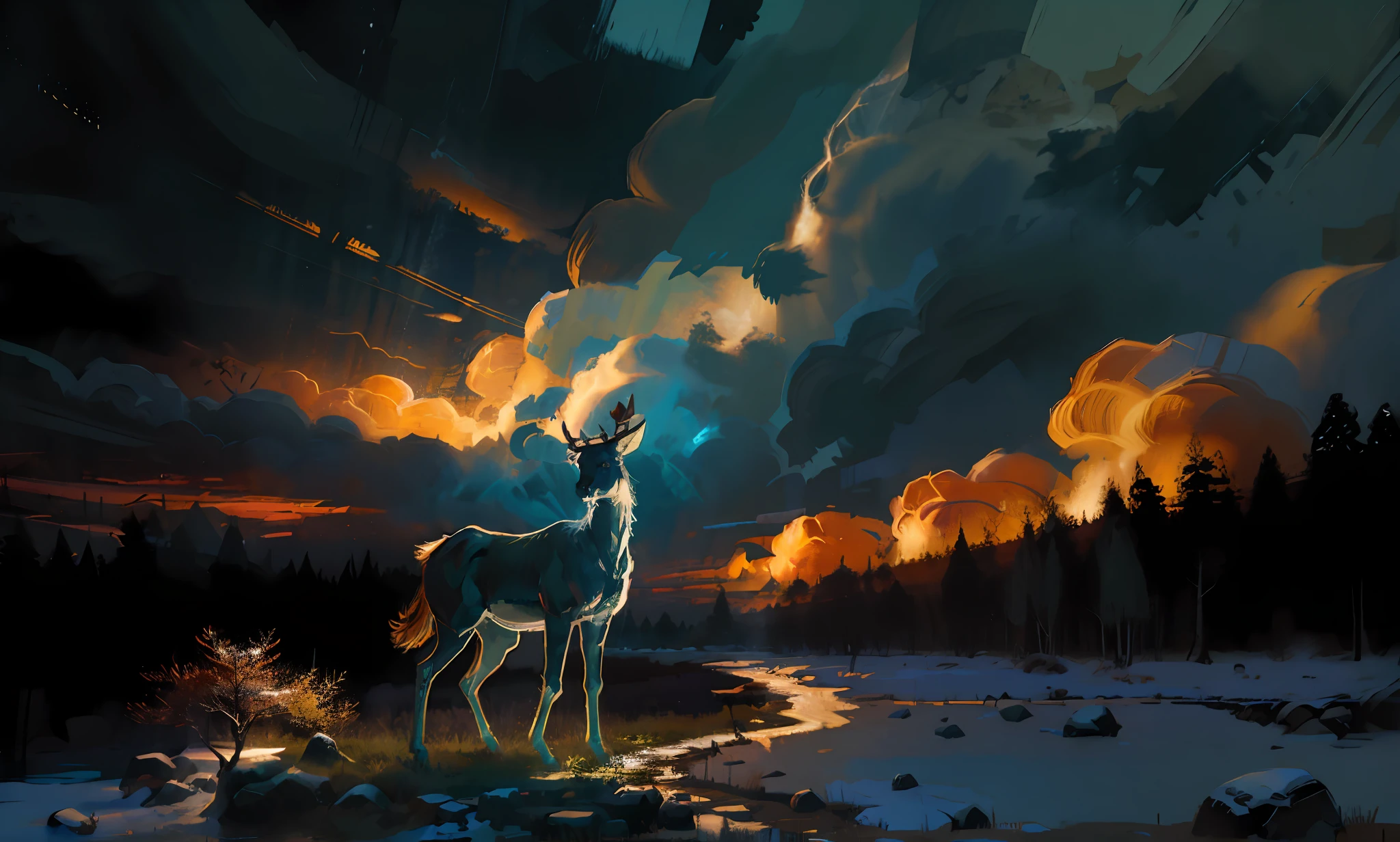 bushes, woodland, streams of light, existentialism, sky, night, zaum, elysiumscape, scenery,
