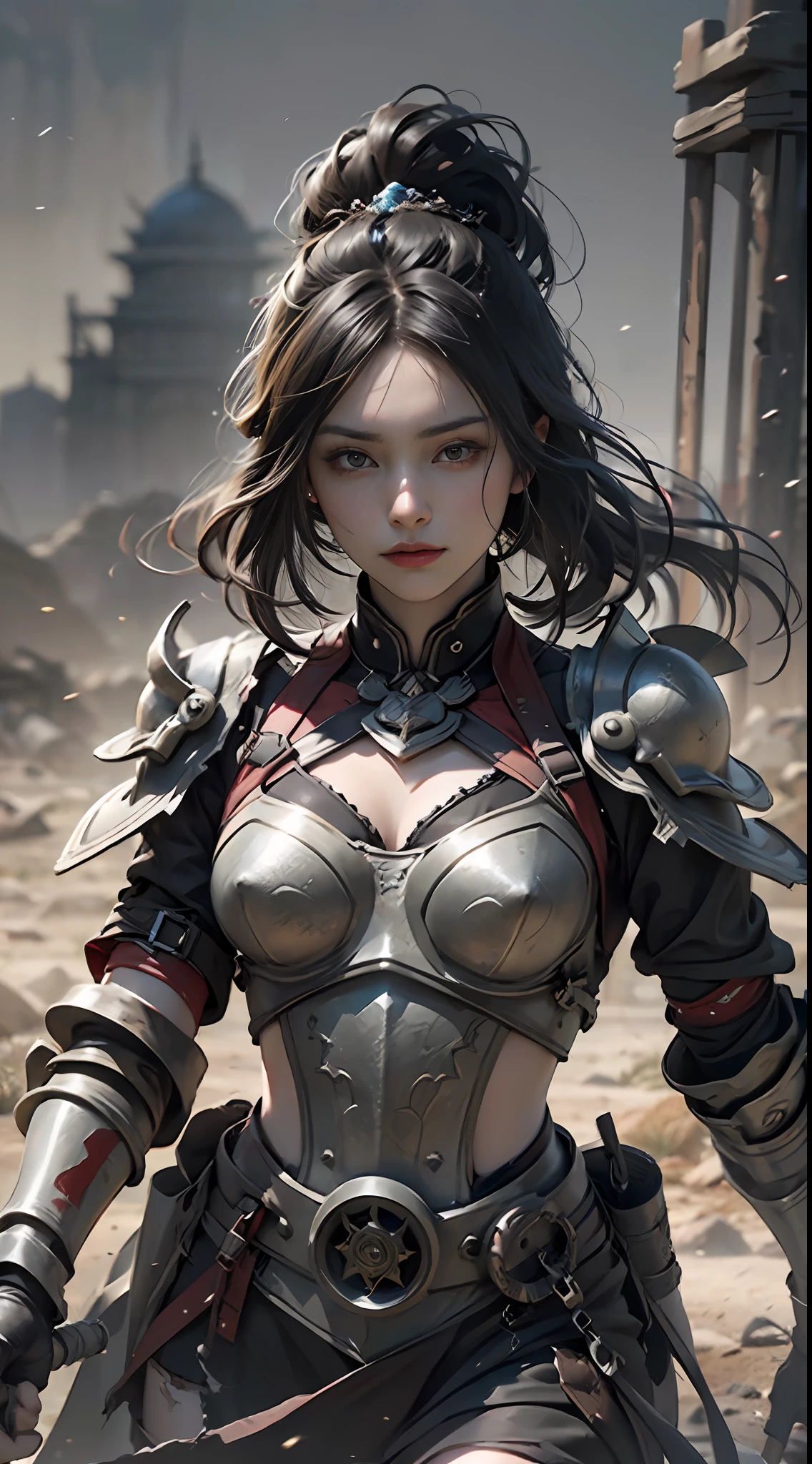 8k wallpaper，ultra - detailed，rich details​，ultraclear，8K,，Best quality at best，best qualtiy，mistic，1 female warrior，Black armor，Ancient Chinese general armor，（（（Sword in hand））），facing to audience，(((A withered battlefield，废墟，run-down,Wasteland，barren，A desert)))，Sadness outside，battlefiled，ancient battle field，，（（the night，Dimly lit，Dark 1.3）），Bust composition