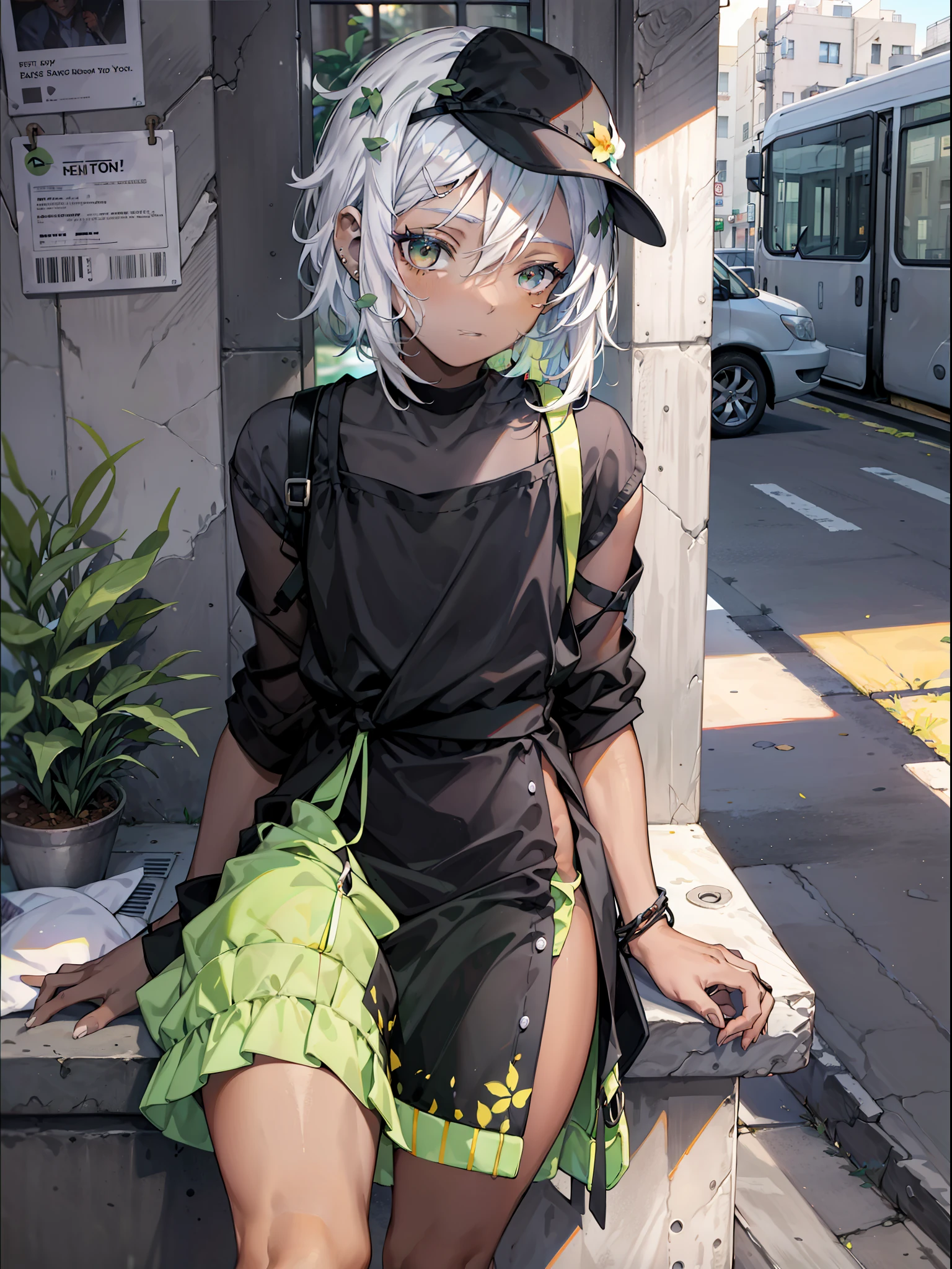 1 boy with black skin coloration, de frente para uma floricultura, waiting for the bus, wearing a green cap, usando um vestido de cor marrom claro;, with a loop in the middle large, white hair coloring, cabelo curto