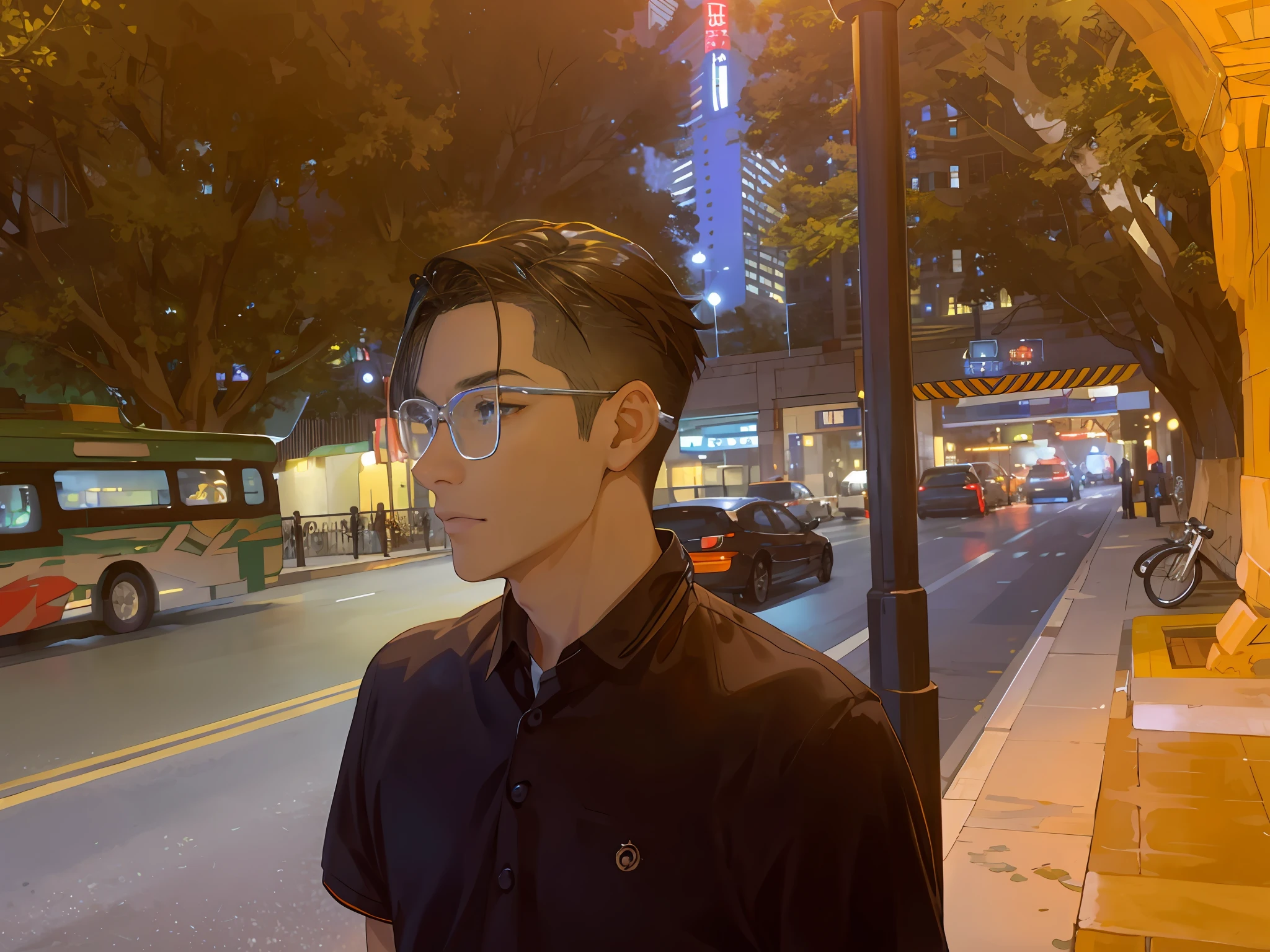 tmasterpiece, best qualtiy, 1male people, AS-Adult, tall muscular, handsome, Elaborate Eyes, Complicated details, brunette color hair, short detailed hair, Undercut hairstyle, dark strong blue eye, Complicated details, fanciful, the night, (dark themes), Cinematic light optic, Colorful, sportrait, buliding，themoon，optic，holland angle，gloom (expression)，gloom (expression), projected inset，gloom (expression), projected inset