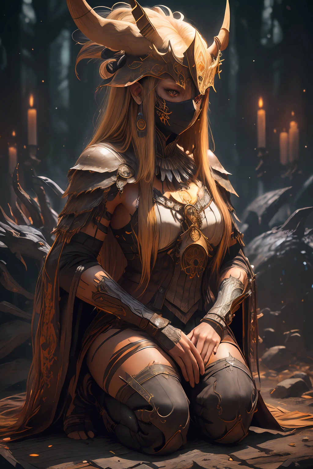 sh4g0d,
girl shaman, wearing mask made of wood, portrait, kneeling, dark blonde straight long hair, great details and colour
