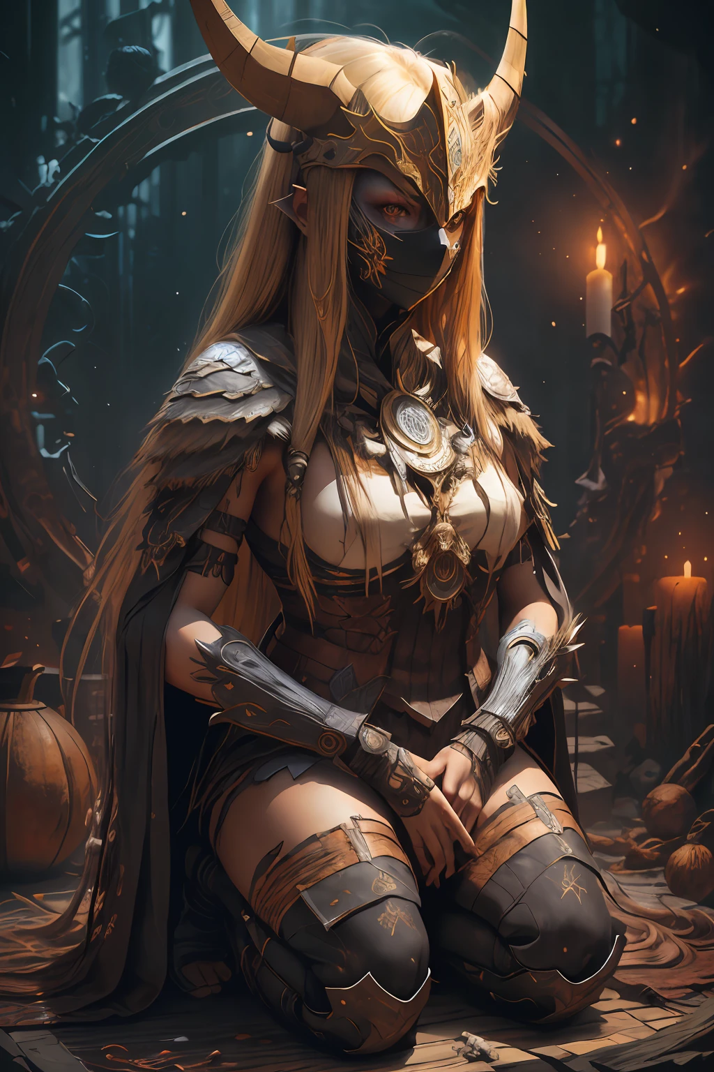 sh4g0d,
girl shaman, wearing mask made of wood, portrait, kneeling, dark blonde straight long hair, great details and colour